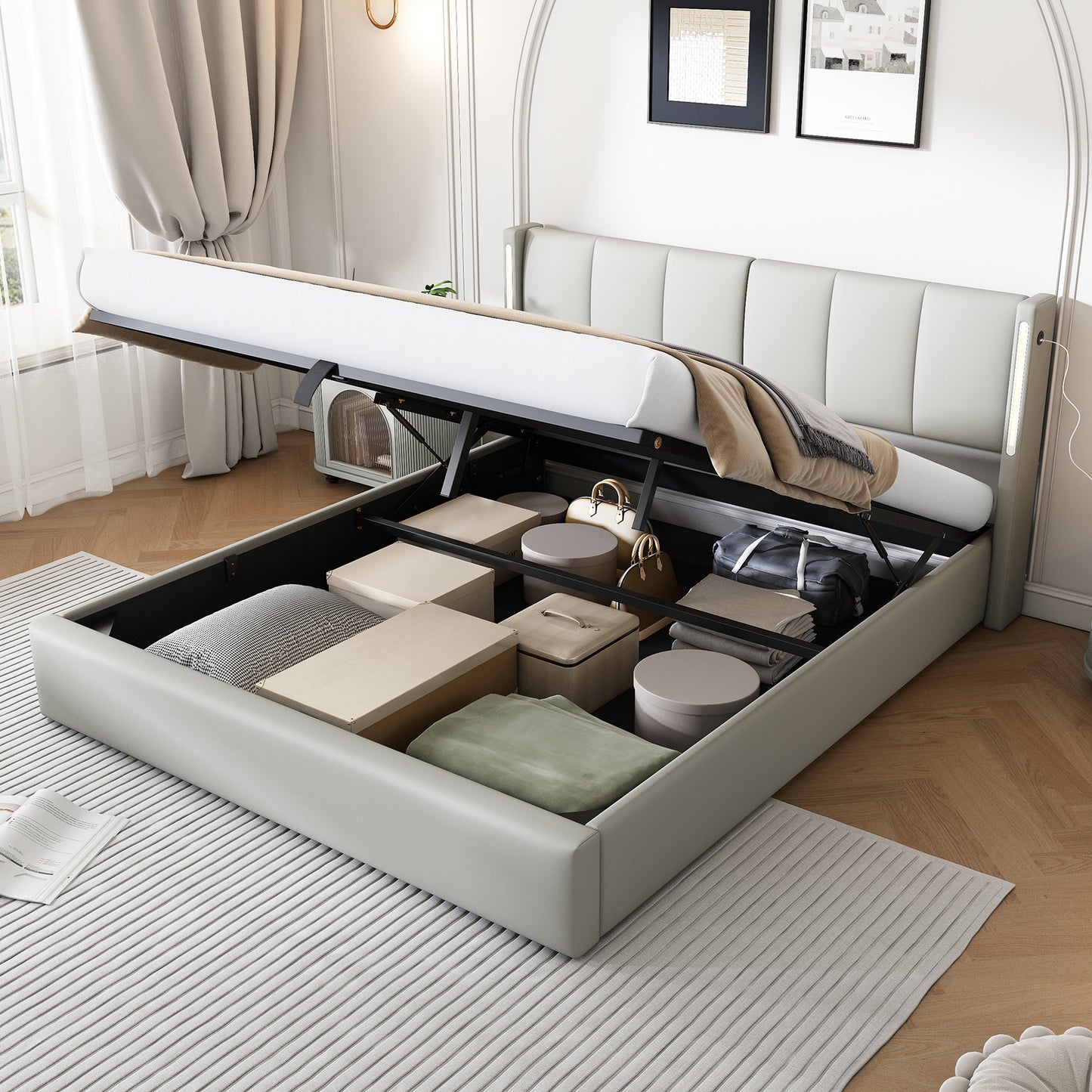 LED Upholstered Bed ,Double Bed-4ft6 135X190cm Hydraulic Bed, Rechargeable USB Port In Bed, With LED Lighting, With Storage Space, Adjustable Headboard, PU , Grey