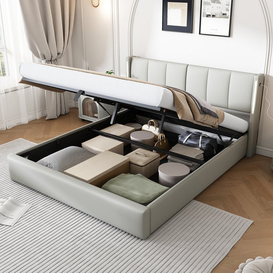 LED Upholstered Bed ,Double Bed-4ft6 135X190cm Hydraulic Bed, Rechargeable USB Port In Bed, With LED Lighting, With Storage Space, Adjustable Headboard, PU , Grey