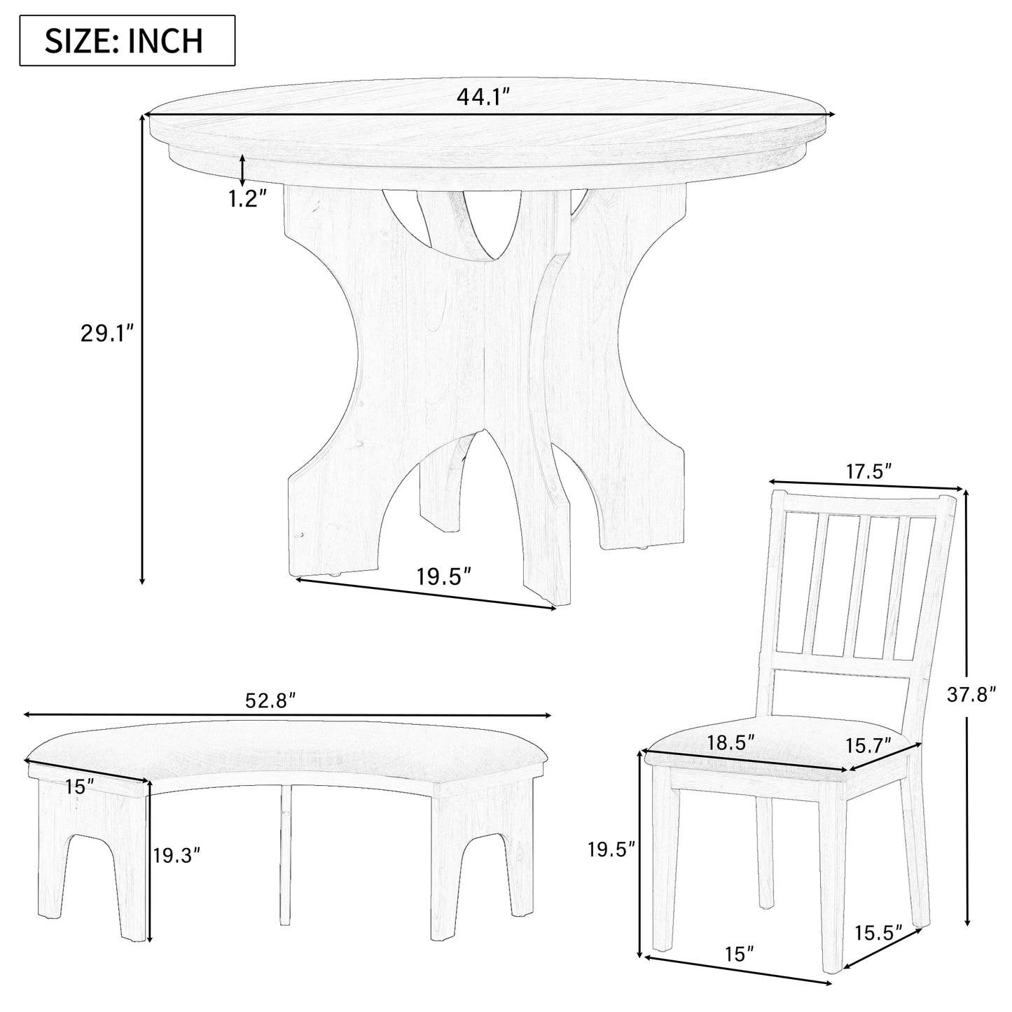 TREXM 5-piece Rustic Charm Round Dining Set With 3 Upholstered Chairs And Curved Bench For Dining Room  Kitchen And Living Room  Gray