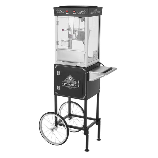 Popcorn Machine With Cart, 8oz Stainless Steel Kettle, 800W Commercial Popcorn Maker, 48 Cups Per Batch Theater Style Popper, With 2-Button Control Glass Wall PC Door 1 Scoop 3 Spoons, Black