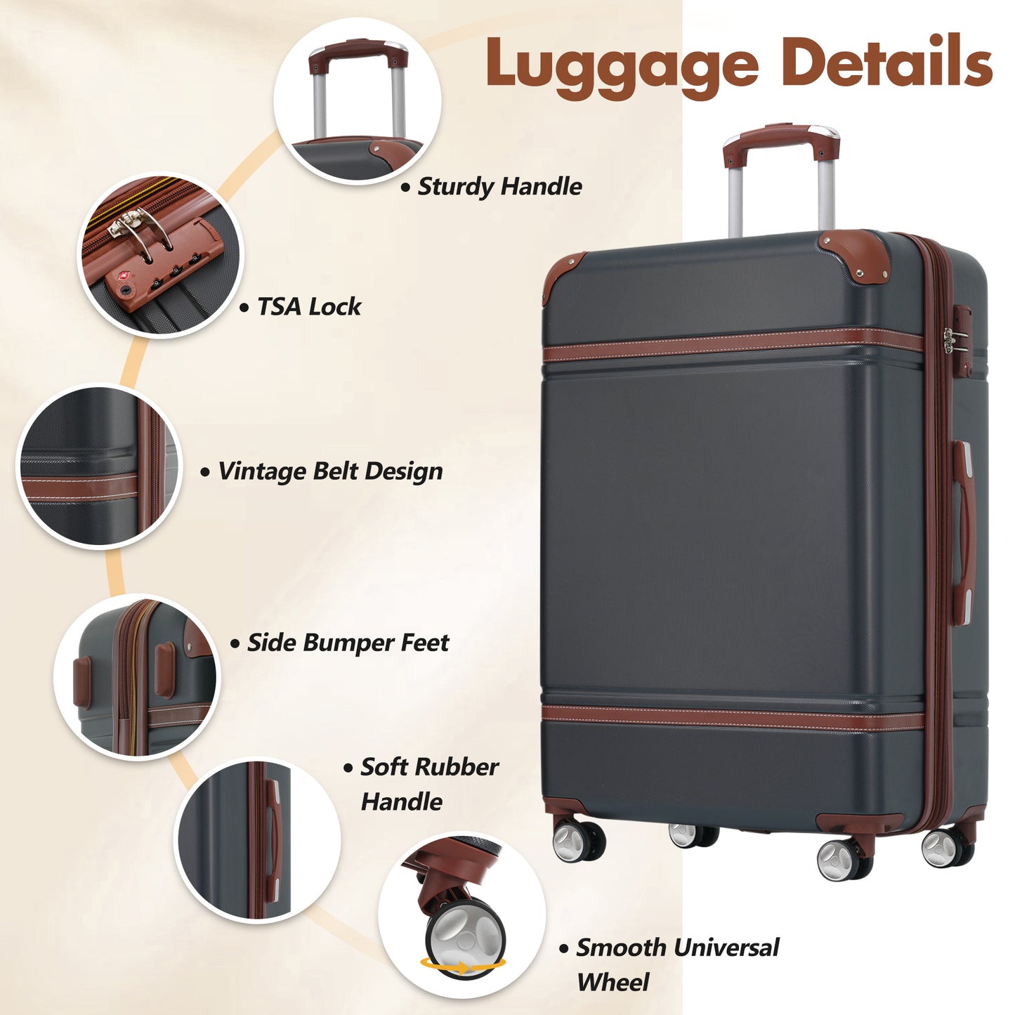 Hardshell Luggage Sets With Bags Lightweight Suitcase Double Spinner Wheels With TSA Lock ,Single Vintage Luggage 28 IN,Black