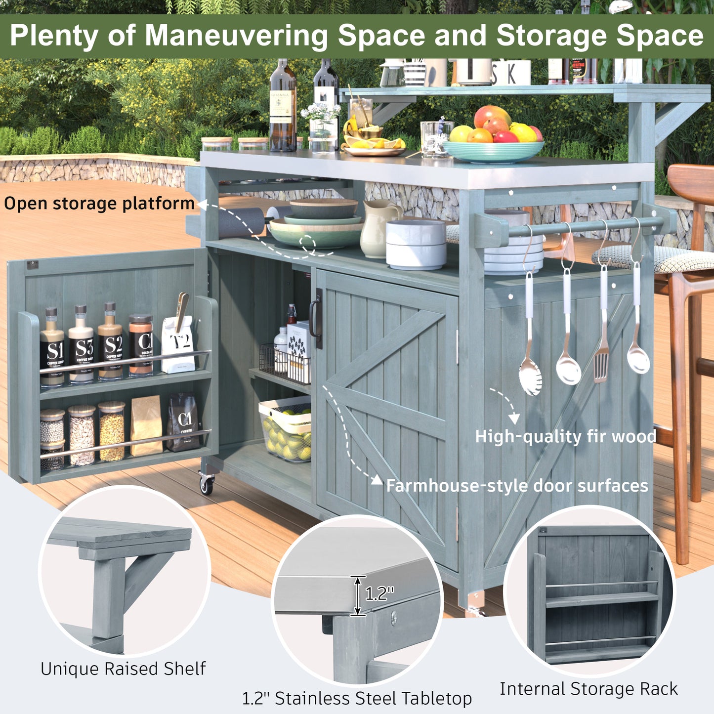 K&K 53.3  Outdoor Kitchen Island With Raised Shelf, Solid Wood Storage Cabinet With Stainless Steel Top, Outdoor Rolling Grill Cart With Internal Storage Rack, Adjustable Shelf, Spice Rack, Grey Blue