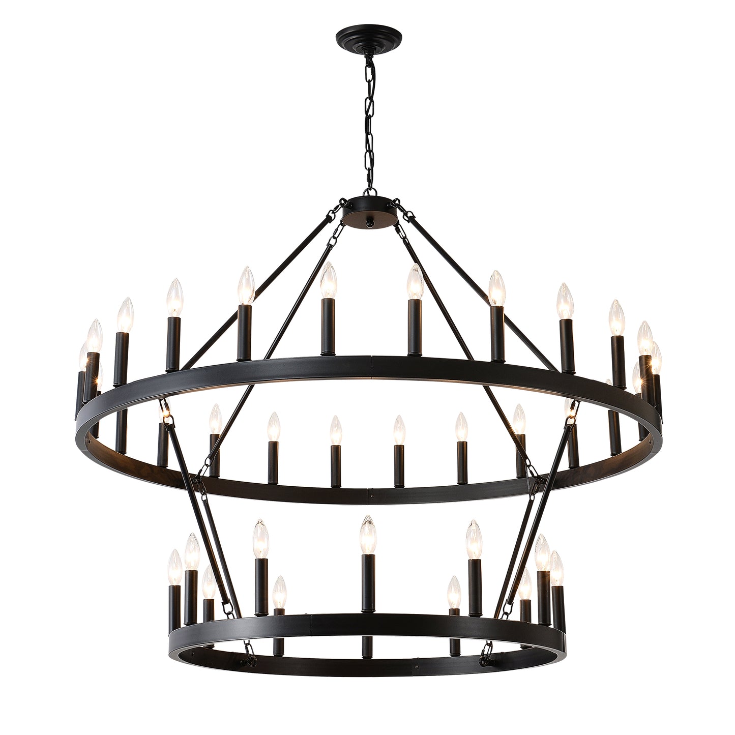 2 Tiers Wagon Wheel Chandelier Wooden Farmhouse 36-Light Black Metal Chandeliers 2-Story Light Fixtures Industrial For High Ceiling Living Dining Room Foyer. Adjustable Height