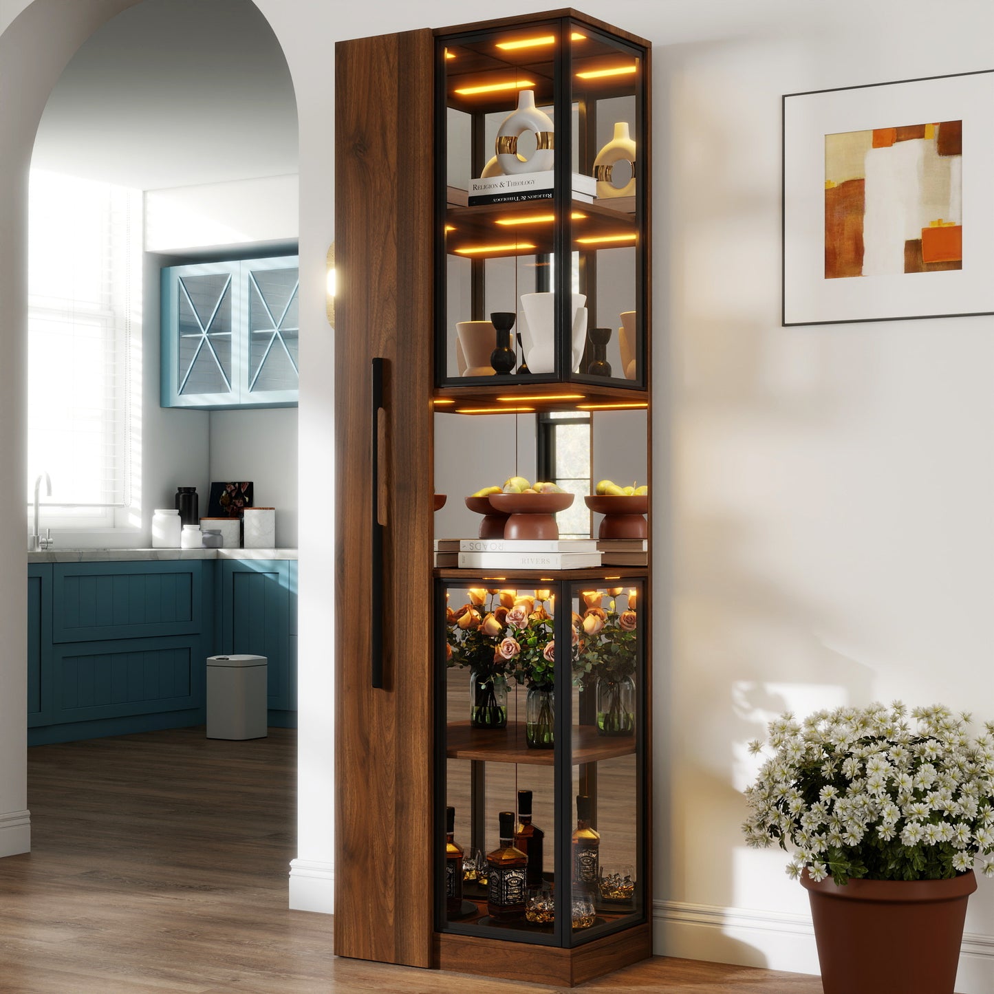 70 Display Cabinet With Glass Doors And Lights, With Multi-functional Pull-out Multi-tier Storage Shelf , Wooden Display Storage Cabinets