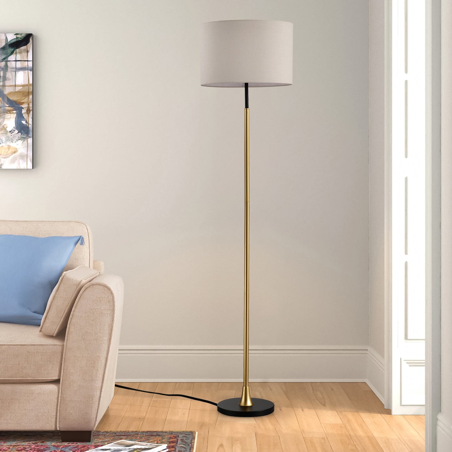 Floor Lamp For Living Room With Beige Lampshade, Standing Lamp Tall Industrial Floor Lamp Reading For Bedroom, Office No Included Bulb -Matte Black Matte Gold