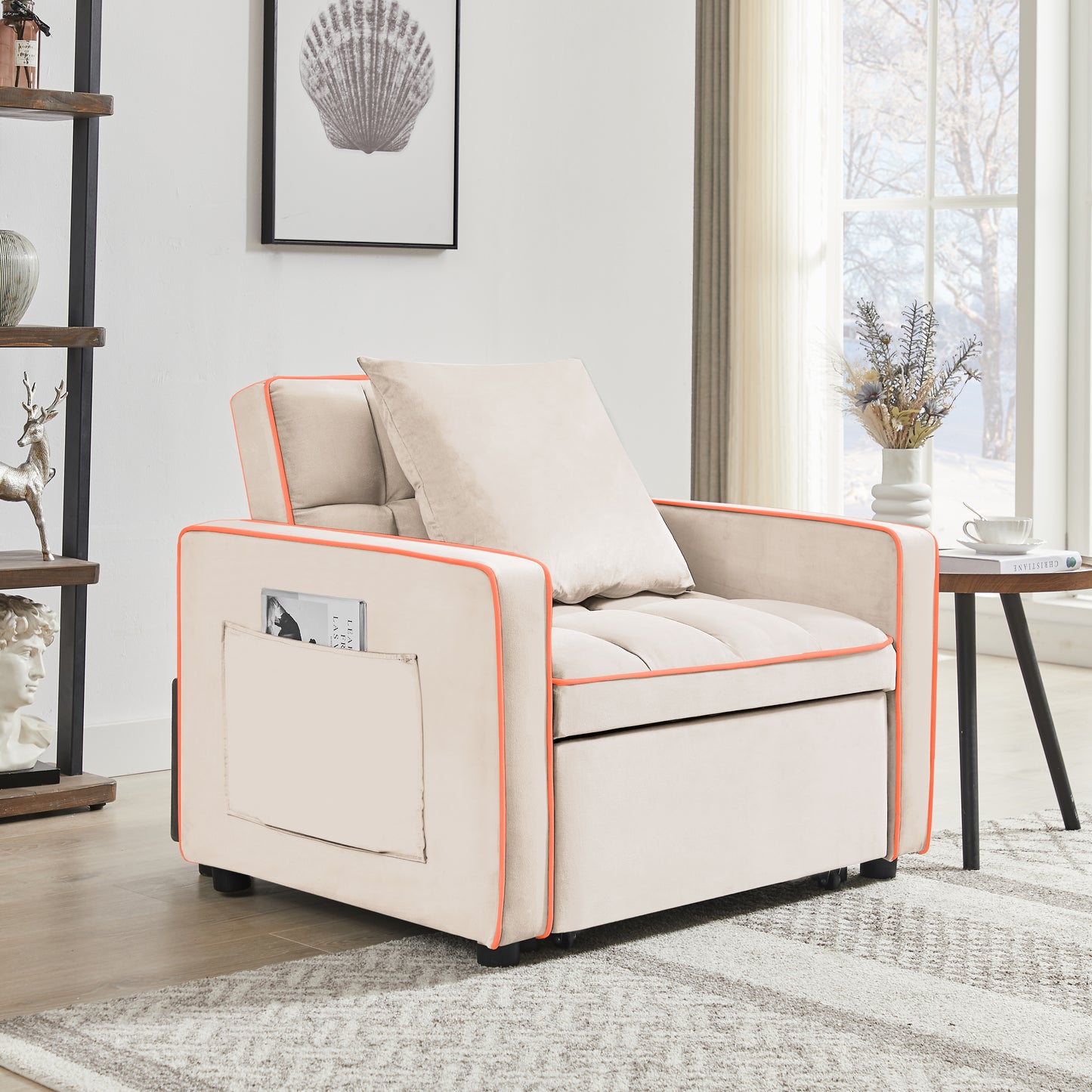 Three-in-one Sofa Bed Chair Folding Sofa Bed Adjustable Back Into A Sofa Recliner Single Bed  Modern Chair Bed Berth Creamy White