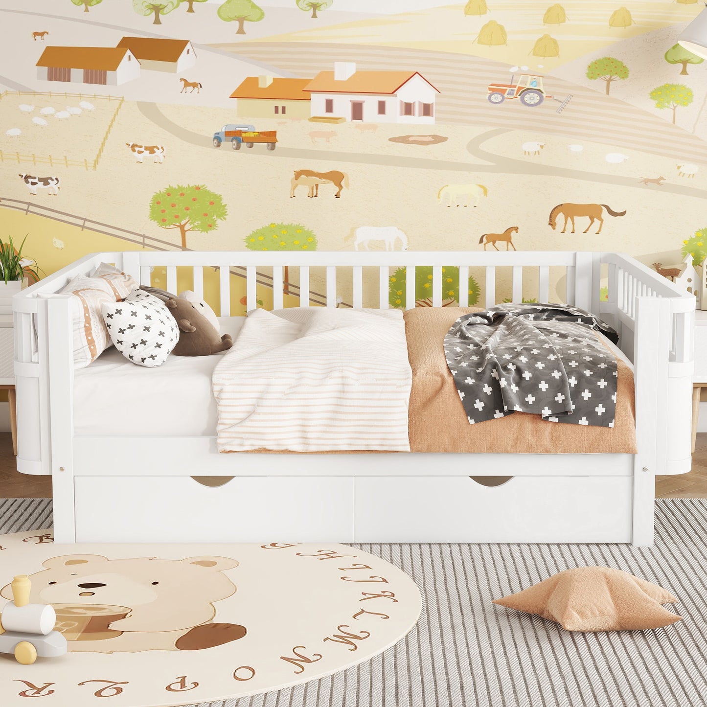 Full Size Wood Platform Bed For Kids, Wood Low Profile Full Bed With Rails For Girls And Boys, White Old SKU W2593P331684
