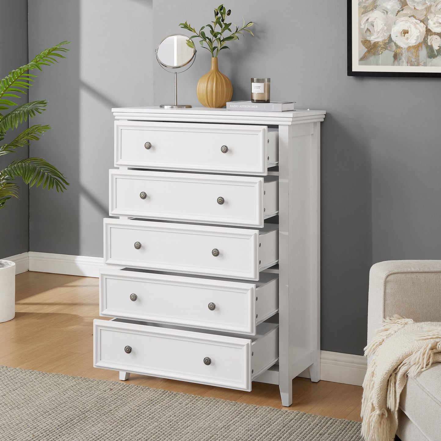 Modern 5 Drawers Dresser 5 Drawers Cabinet,Chest Of Drawers Closet Organizers And Storage Clothes Storage Drawers Cabinet For Living Room, Farmhouse Dresser Organizer WHITE