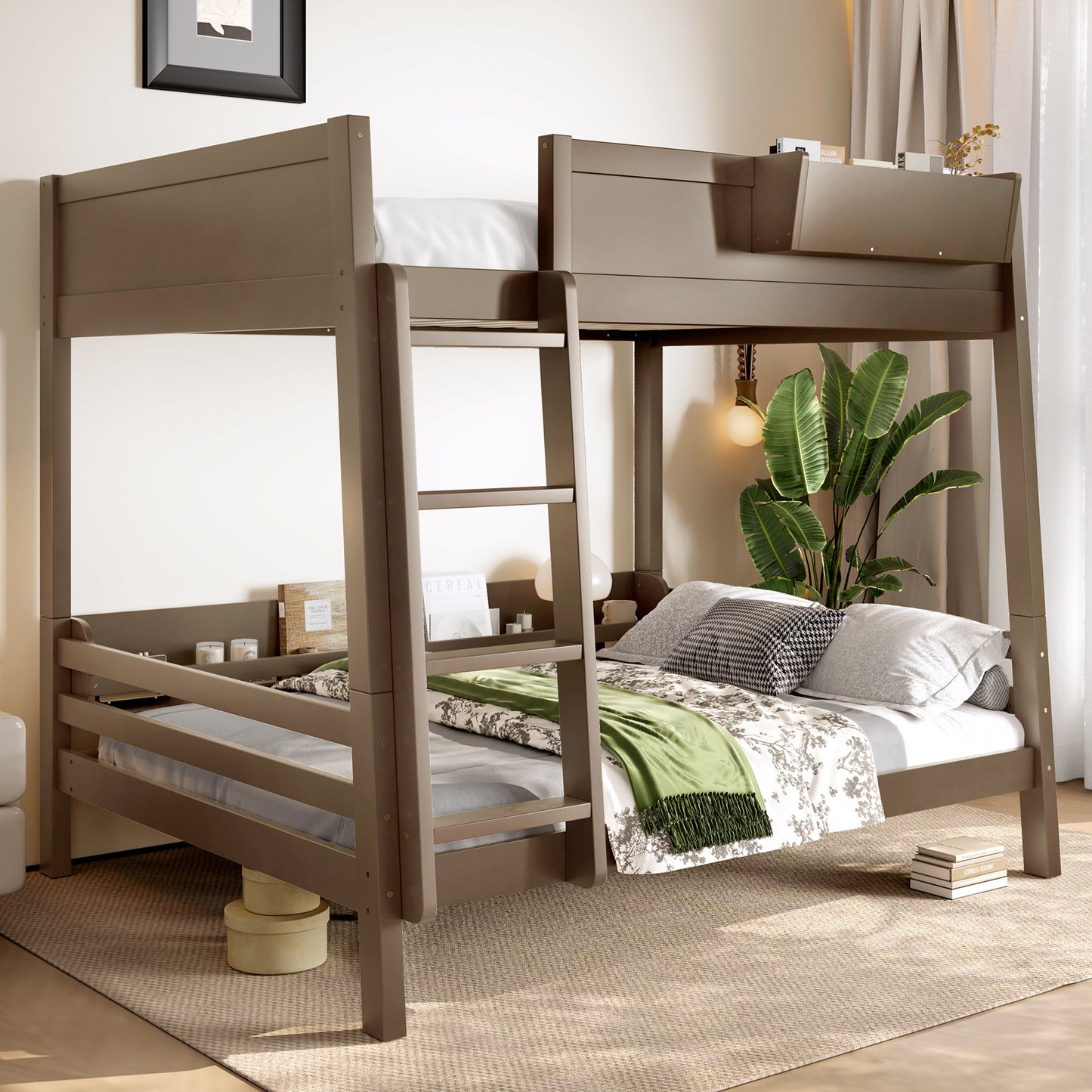 Full Bunk Bed With  Storage Shelf And Bookshelf,Wood Bunk Bed With Ladder And Guardrails,Detachable Design,Vintage Brown