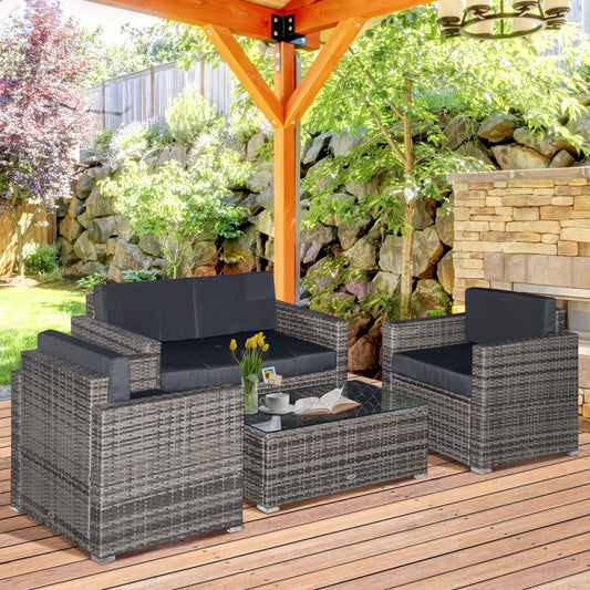 4 Piece Wicker Patio Furniture Set with Cushions, Outdoor Sectional Furniture with 2 Sofa, Loveseat, and Glass Top Coffee Table, Conversation Sofa Sets for Garden, Black