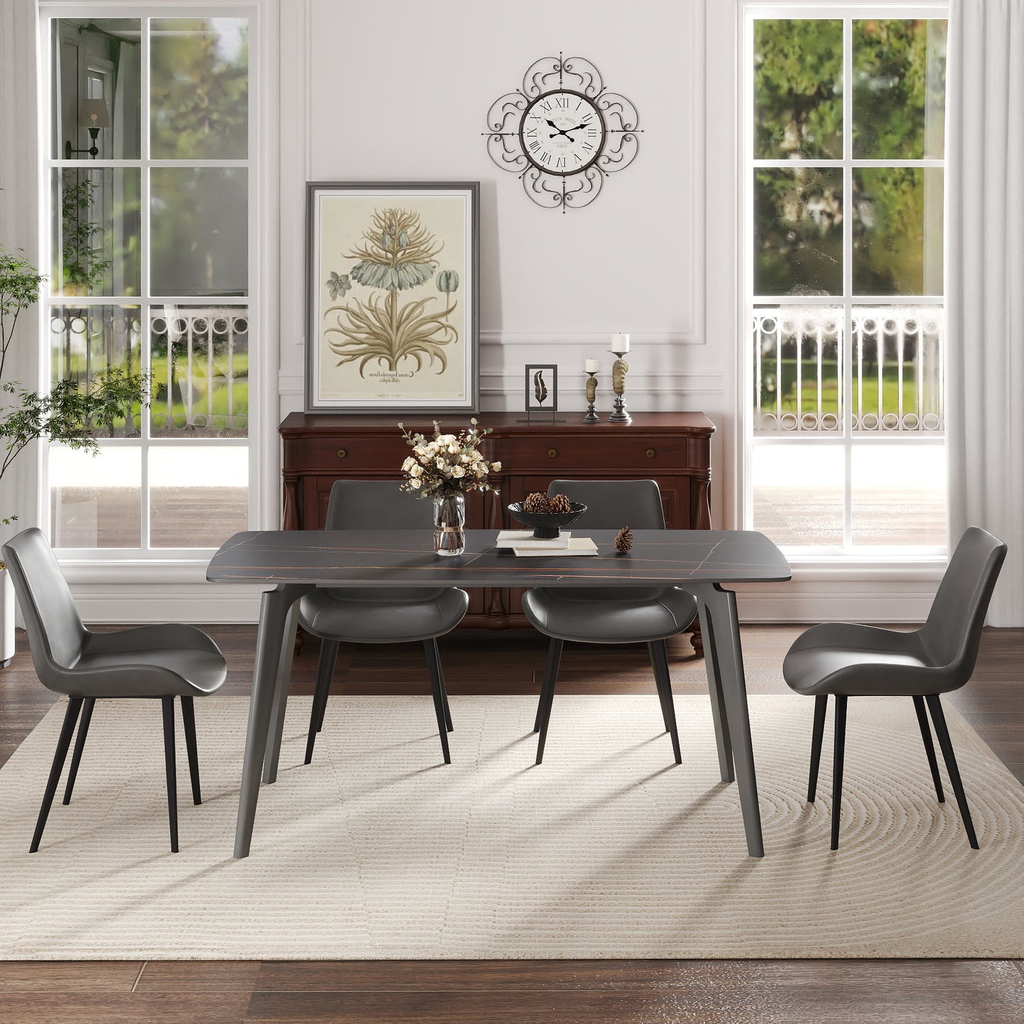 62.99  Modern Artificial Stone Black Curved Edge Dark Grey Metal Leg Dining Table-Can Accommodate 6 People Dining Table Only