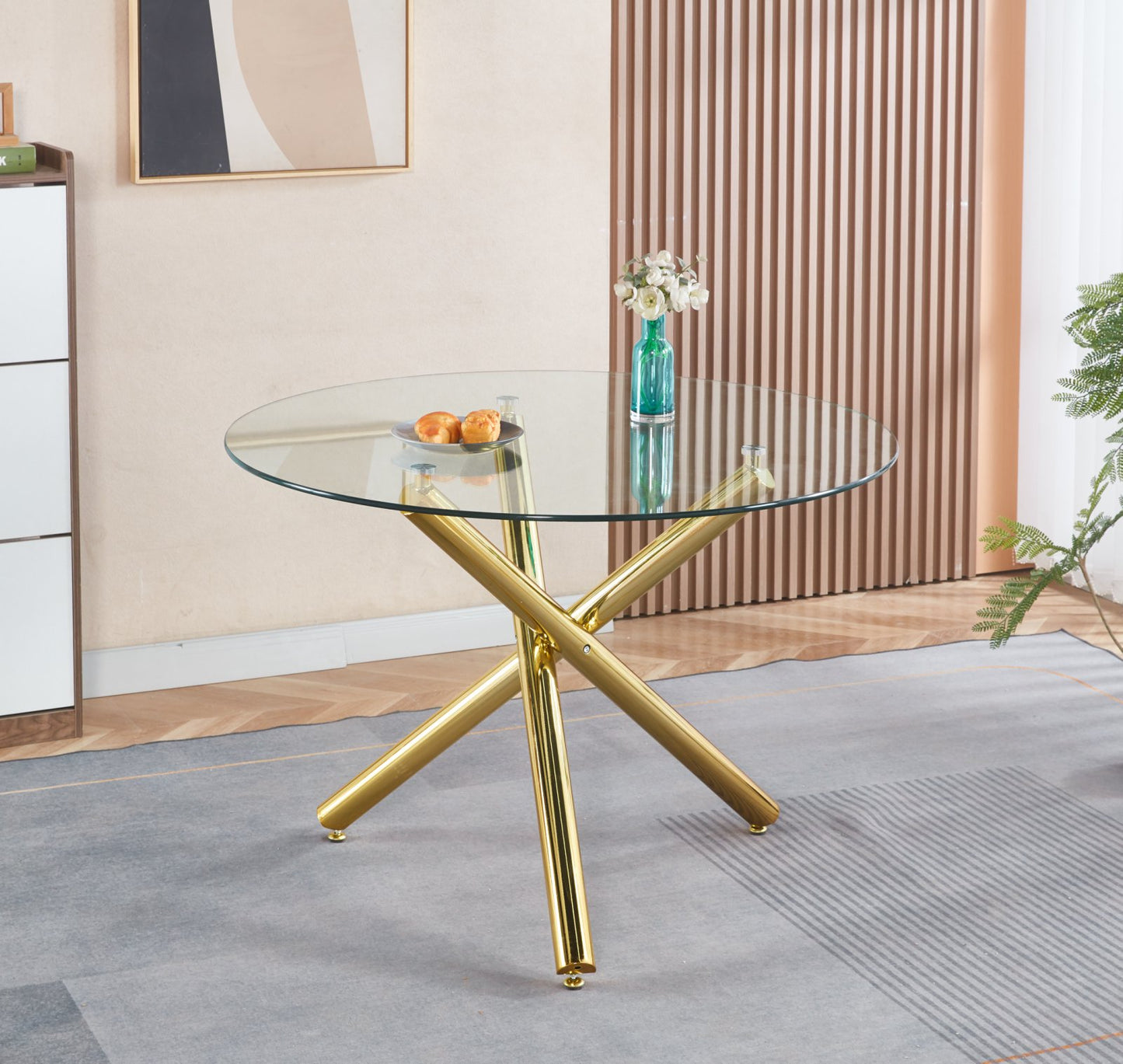 Golden Dining Table With Metal Leg And Glass,Modern Space Saving Kitchen Table For Living Room,110X110X75CM