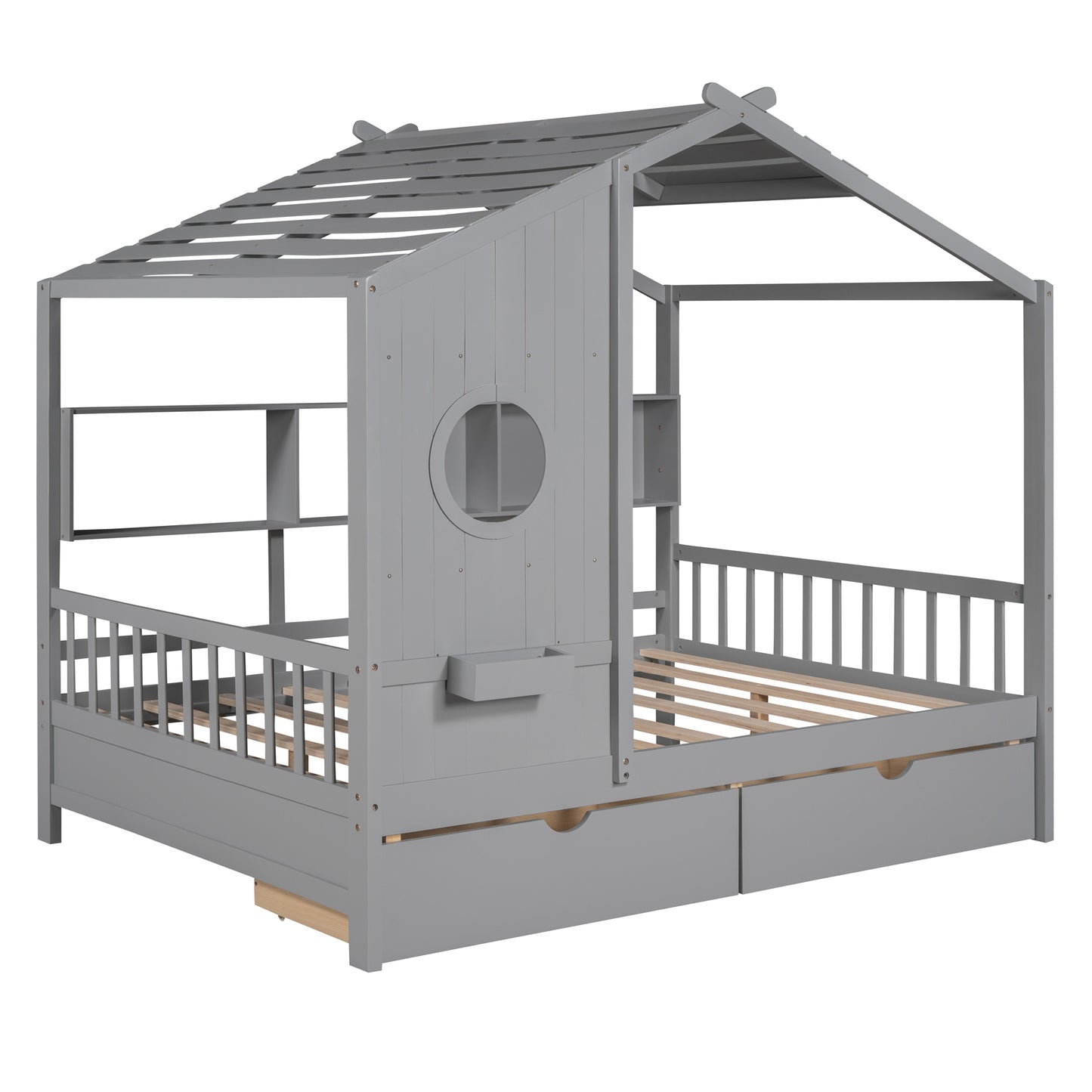 Wooden Full Size House Bed With 2 Drawers,Kids Bed With Storage Shelf, Gray