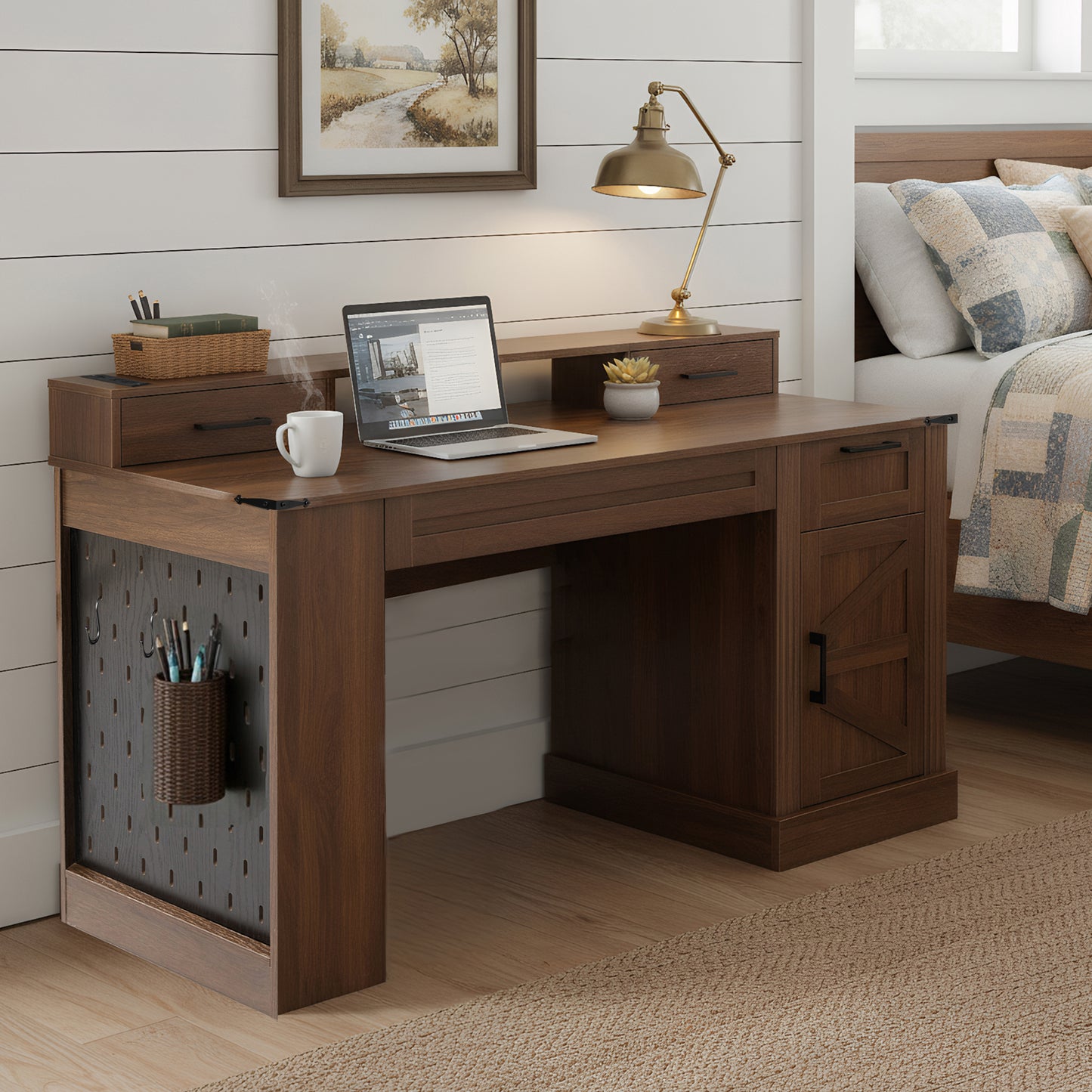 55 Farmhouse Office Desk With Storage Cabinet  Charging Station, Barn Door Design Computer Writing Desk With Keyboard Tray, Monitor Stand & Pegboard For Study, Living Room, Home Office, Dark Walnut