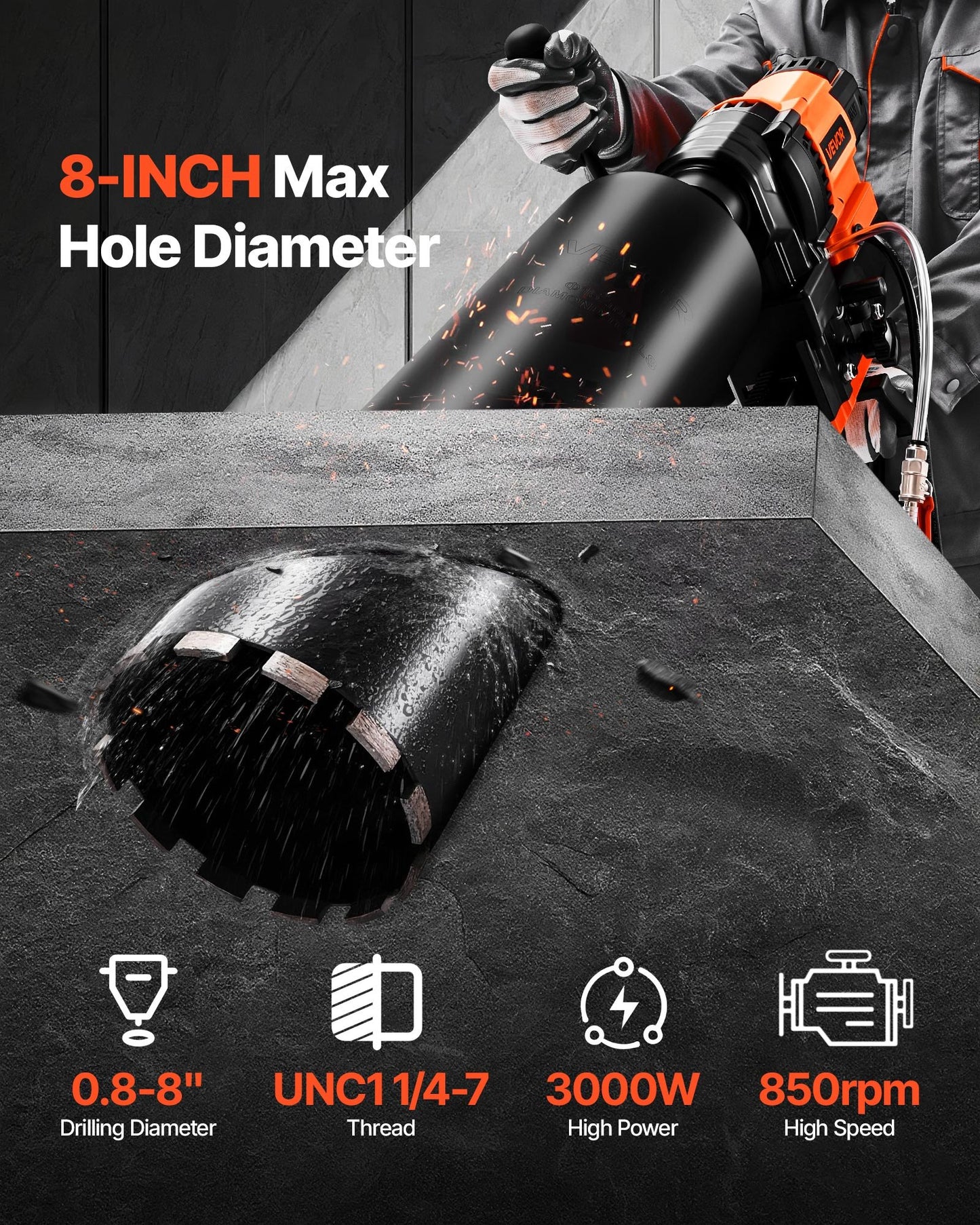 Diamond Core Drill Machine Concrete Core Drill Rig With Stand 8 In 3000W