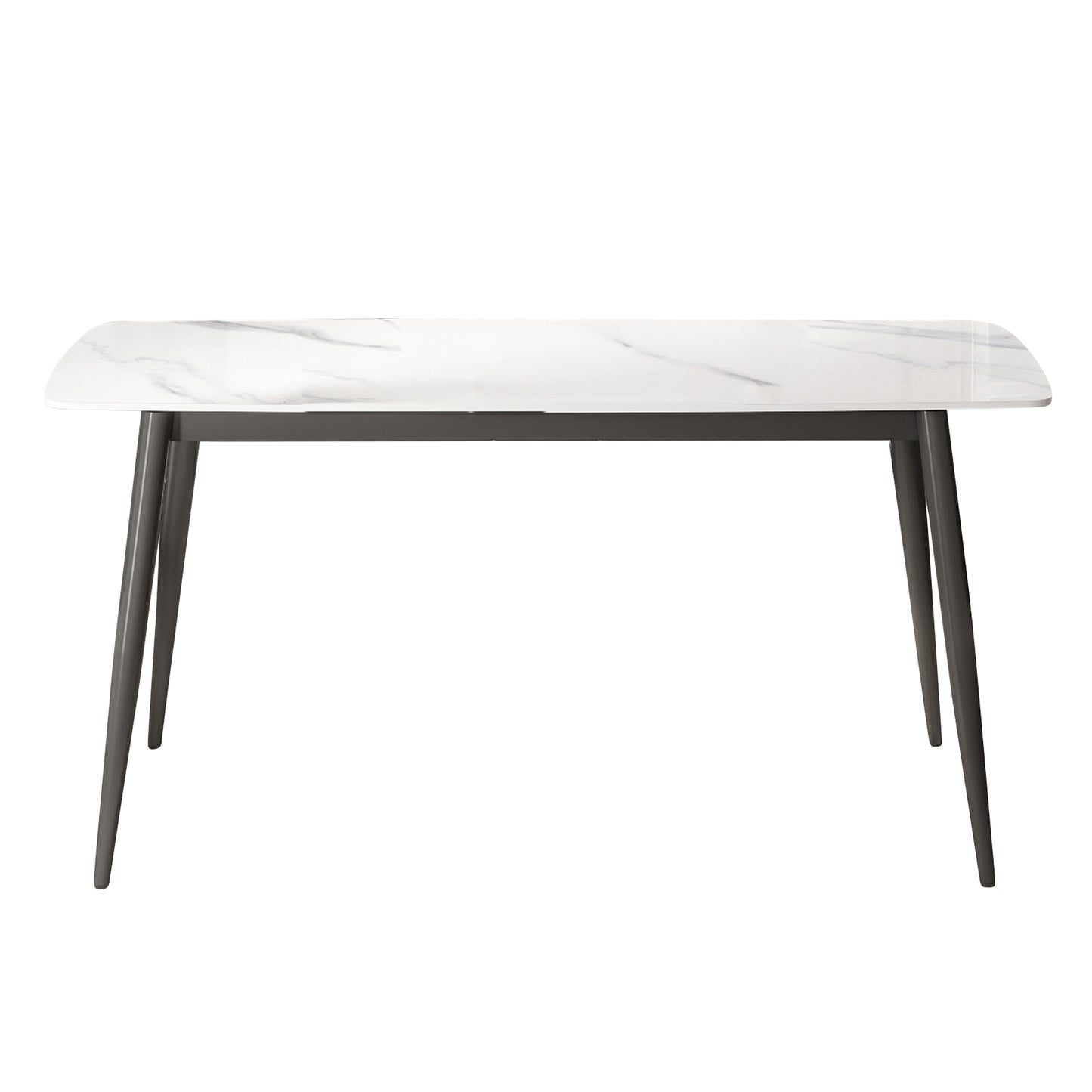 62.99  Modern Artificial Stone White Curved Edge Dark Grey Metal Leg Dining Table-Can Accommodate 6 People Dining Table Only
