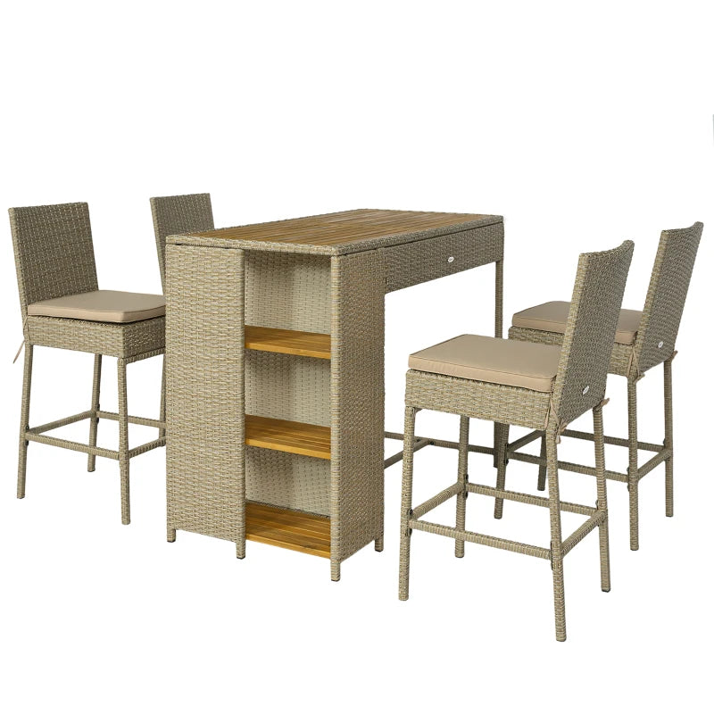 5 Piece Wicker Outdoor Bar Set, Acacia Wood Outdoor High Top Table And Chairs With 3 Tier Shelves, Cushions, Brown