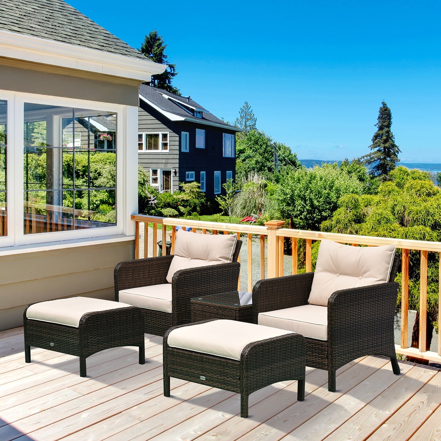 5 Pieces Rattan Wicker Lounge Chair Outdoor Patio Conversation Set with 2 Cushioned Chairs, 2 Ottomans and Tempered Glass Top Coffee Table, Brown/Beige