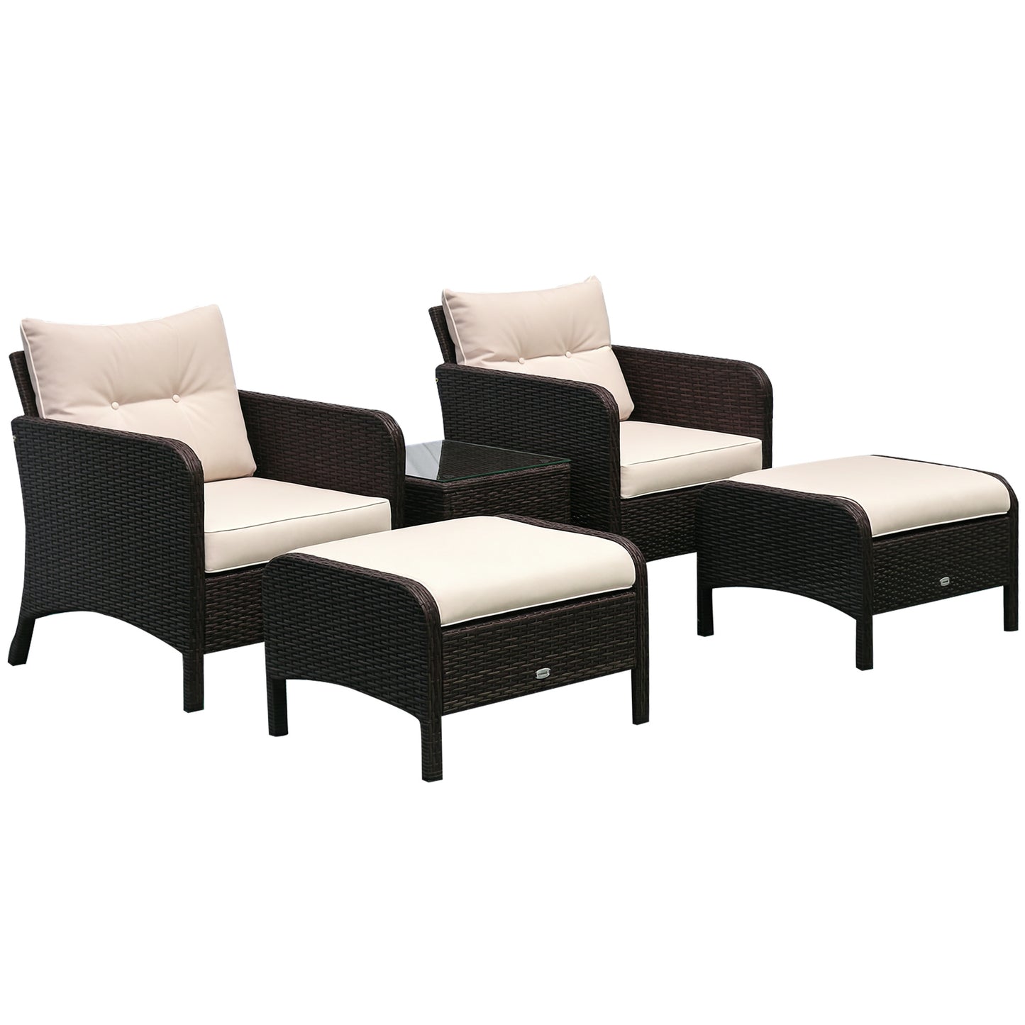5 Pieces Rattan Wicker Lounge Chair Outdoor Patio Conversation Set with 2 Cushioned Chairs, 2 Ottomans and Tempered Glass Top Coffee Table, Brown/Beige