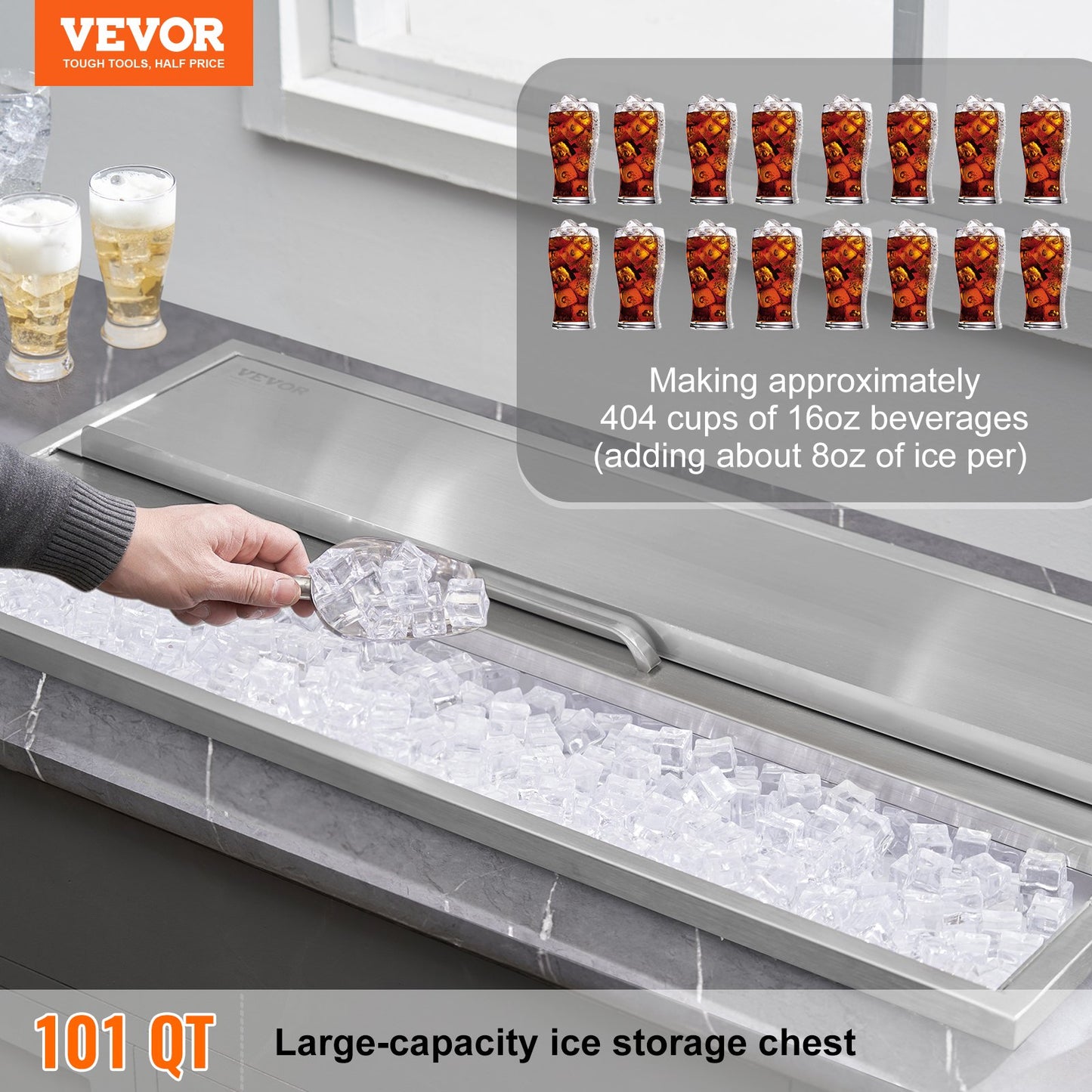 Drop In Ice Chest, 36'L X 18'W X 14'H Stainless Steel Ice Cooler, Commercial Ice Bin With Sliding Cover, 40.9 Qt Outdoor Kitchen Ice Bar, Drain-pipe And Drain Plug Included, For Cold Wine Beer
