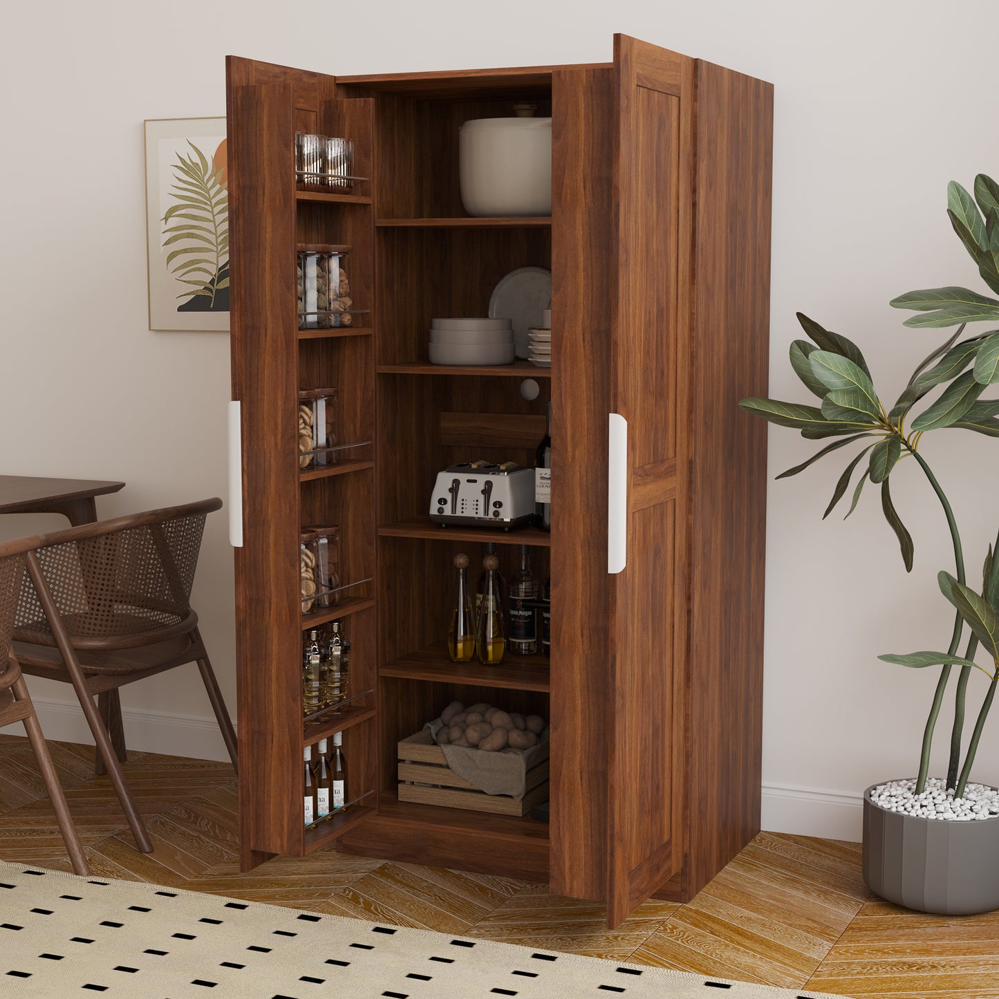 62.99in Kitchen Pantry Cabinet, Walnut  Freestanding Buffet Cupboards Sideboard With Doors &  Shelves, Kitchen Pantry Storage Cabinet For Kitchen, Living Room And Dinning Room
