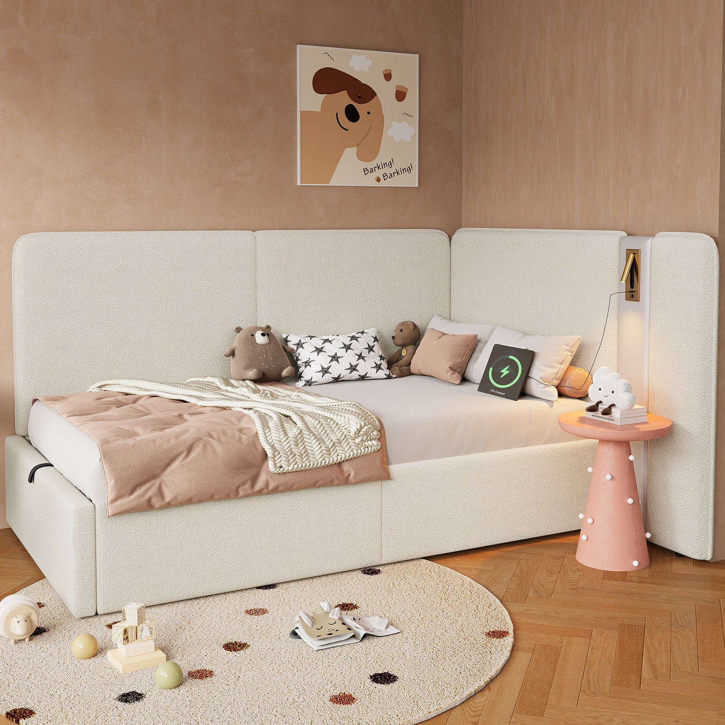Daybed,  3FT Single Bed 90X190cm, L-shaped Upholstered With Storage, Sofa Bed, Hydraulic Bed With USB Charging Port And Reading Lamp, Beige Boucl