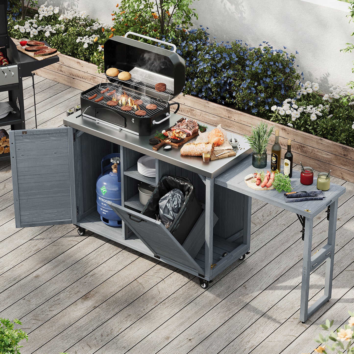 K&K 78.3  Outdoor Kitchen Island With Foldable Grill Table, Wooden Outdoor Grill Cart With Trash Can Storage & Stainless Steel Top, Outdoor Bar Cart, Pizza Oven Table For Lawn & Garden, Grey Blue