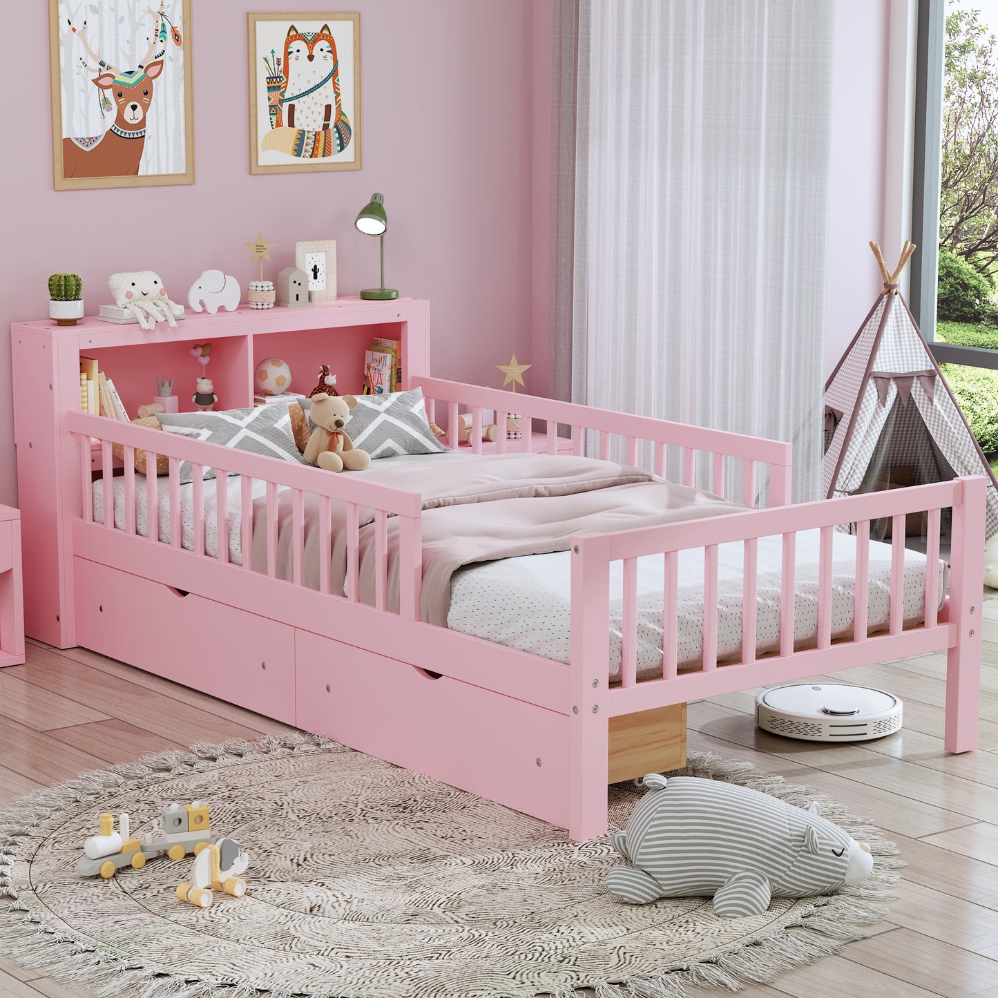 Twin Size Bed With Headboard Storage Rack, Two Under-Bed Drawers, Three-Side Guardrails For Safety And Security,Pink