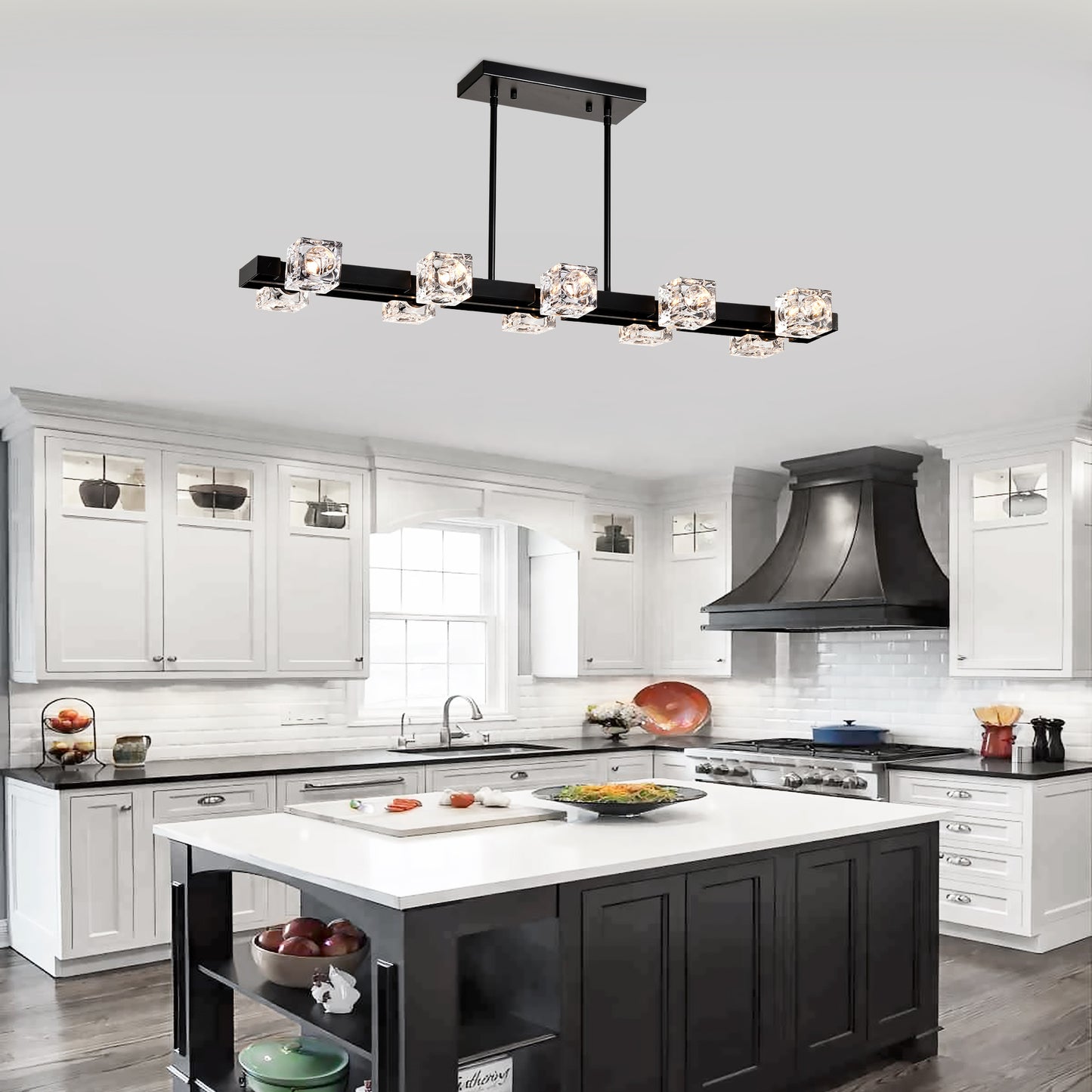 Rectangle Chandelier For Dining Room, 10-Light Black Farmhouse Linear Pendant Light Fixture, Modern Crystal Hanging Lighting Chandelier For Lobby, Kitchen, Bedroom, Living Room, Conference Room, Home