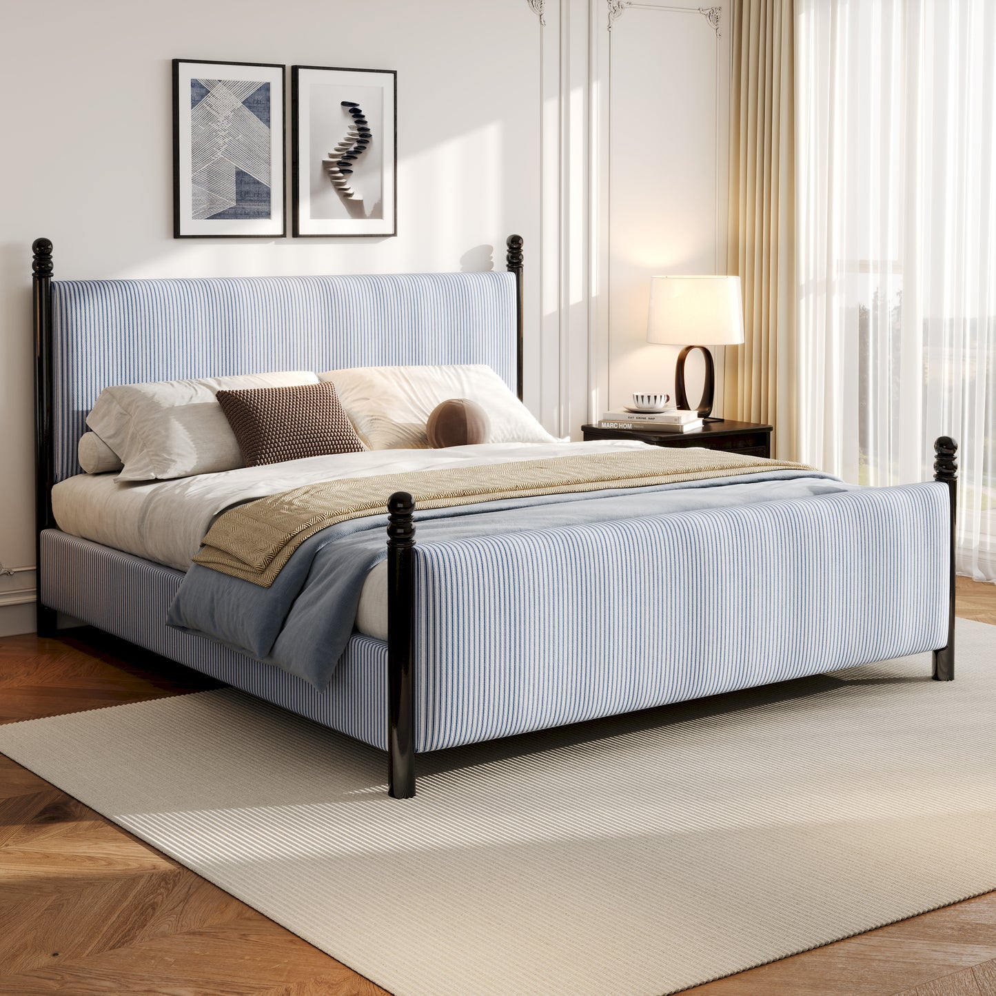 48-inch Striped Rubberwood Upholstered Bed,King