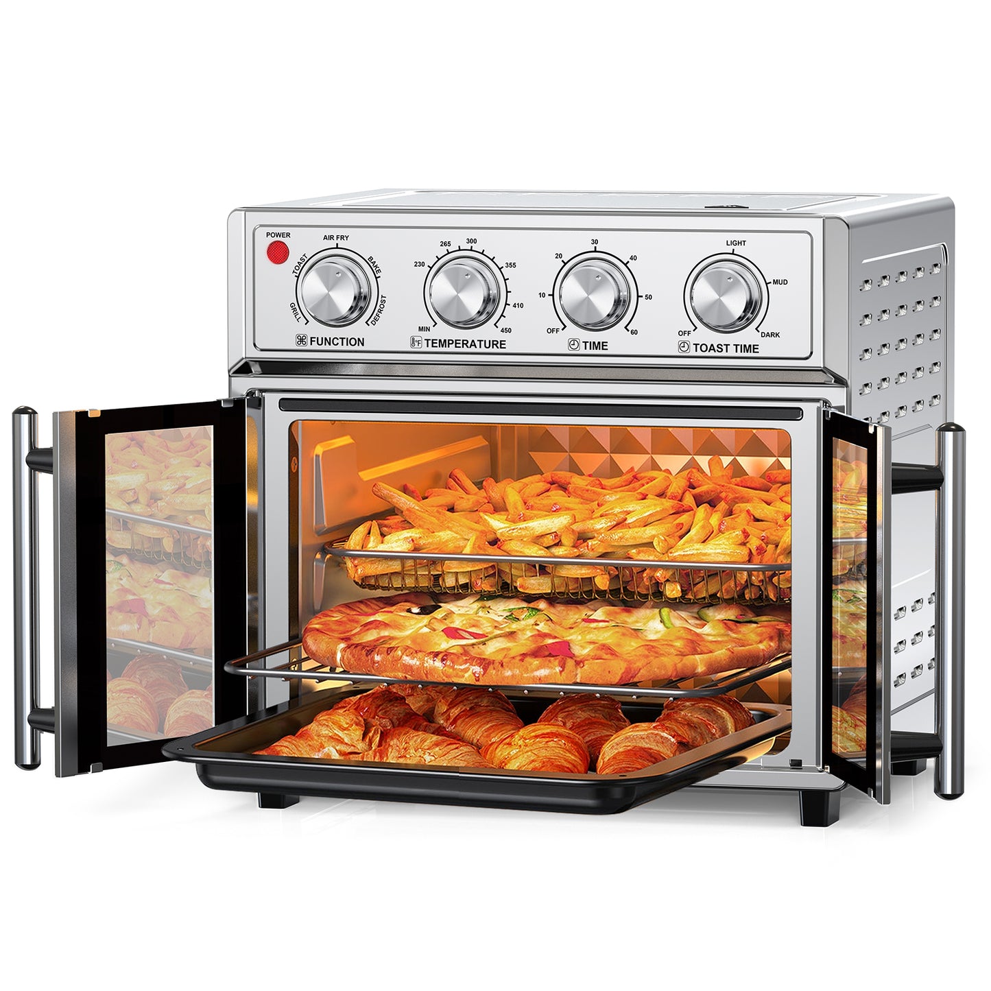 29.5 QT Air Fryer Convection Toaster Oven, French Door, 6 Slices, 1700W, Multifunction Oven, Air Fryer, Toast, Grill, Defrost, Bake, Time And Temperature Controls, Silver, Amazon Resale Prohibited