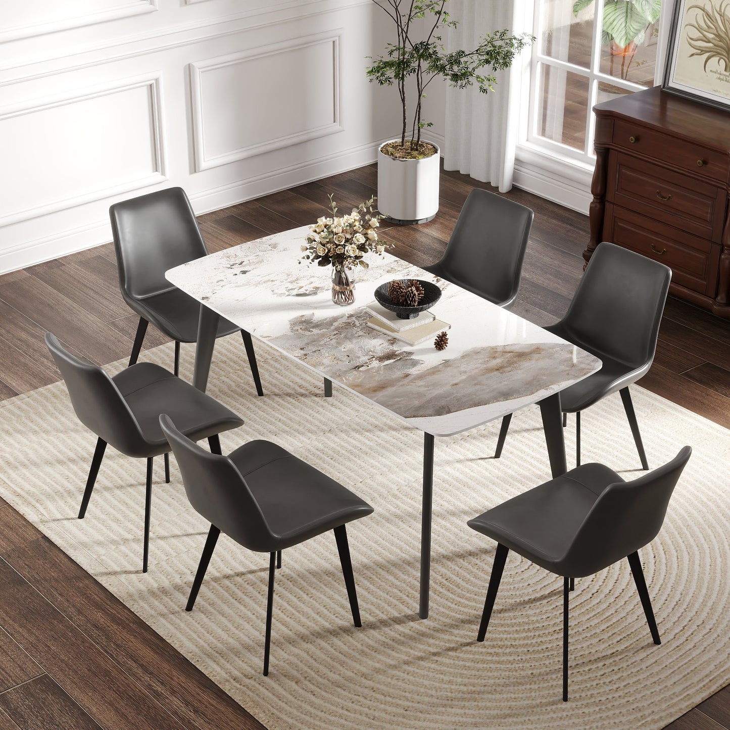62.99  Modern Artificial Stone White Pandora Curved Edge Dark Grey Metal Leg Dining Table-Can Accommodate 6 People Dining Table Only
