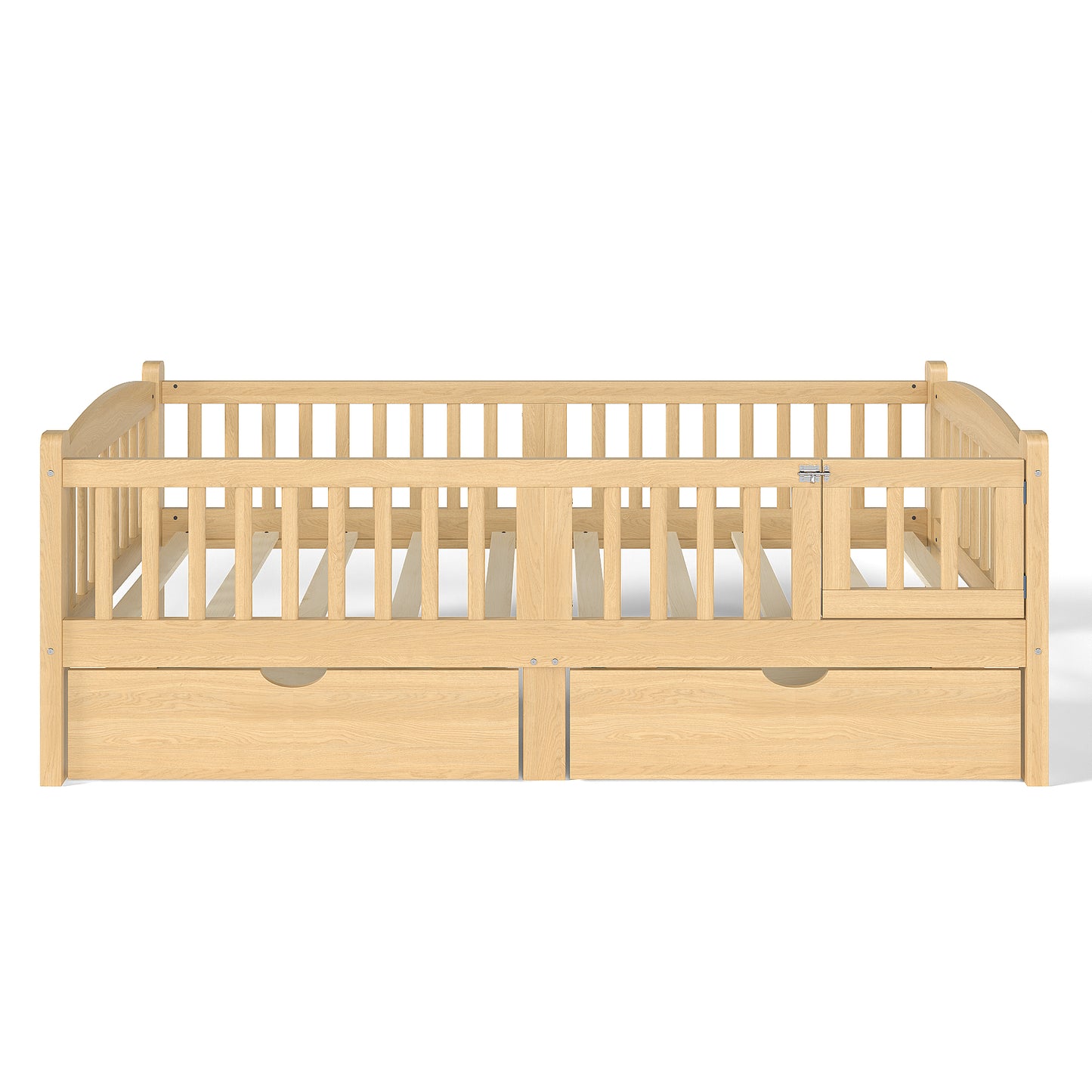 Twin Platform Bed With Full-length Guardrails, Kids Platform Bed With Storage Drawers, Childlike And Cute Headboard Design, Natural