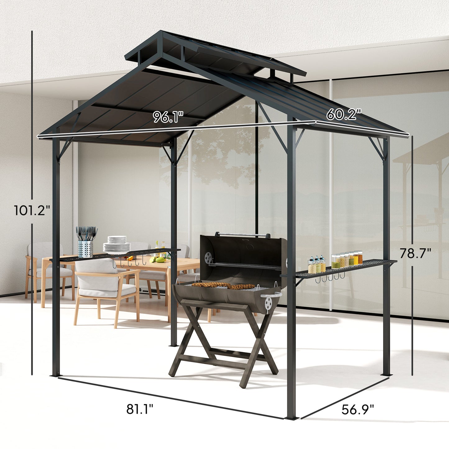 8 x 5ft Hardtop Grill Gazebo with Double Metal Roof, 2 Side Shelves and 10 Hooks for Patio Backyard Lawn Deck