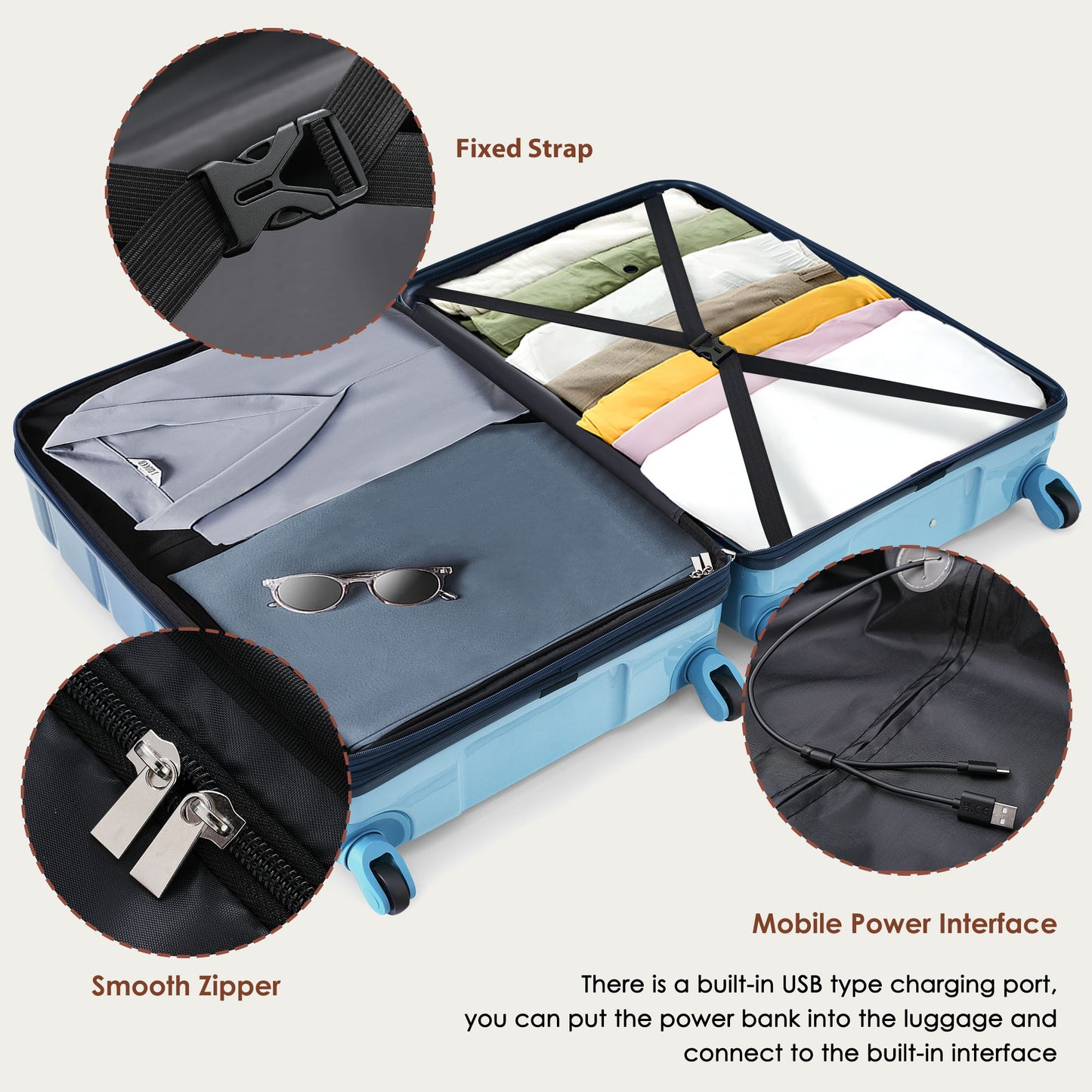 Luggage Set Of 3, 20-inch With USB Port, Airline Certified Carry-on Luggage  , ABS PC Hard Shell Luggage With Spinner Wheels, Gradient Blue