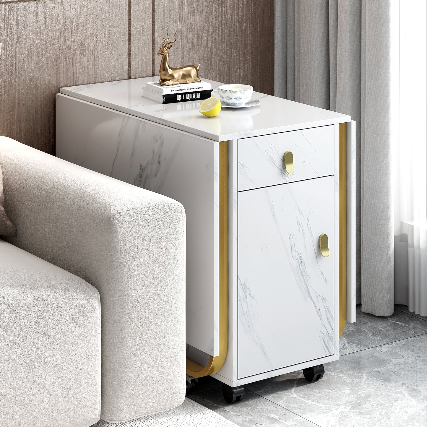 Folding Dining Table 1 Piece With Cupboard And 2 Drawers, Folding Kitchen Utility Table, Space-saving Dining Table With 4 Supporting Legs On Gliders White Gold