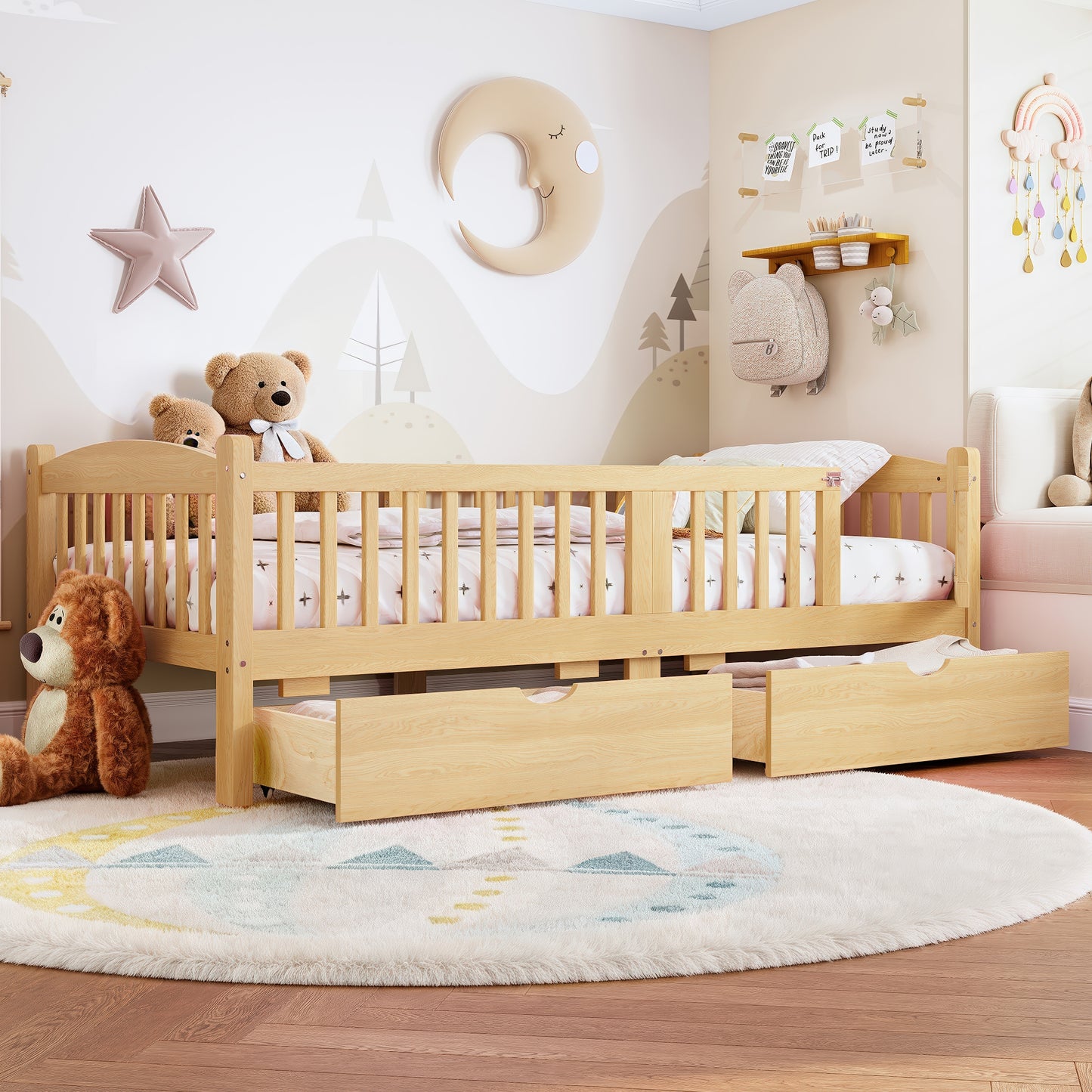 Twin Platform Bed With Full-length Guardrails, Kids Platform Bed With Storage Drawers, Childlike And Cute Headboard Design, Natural