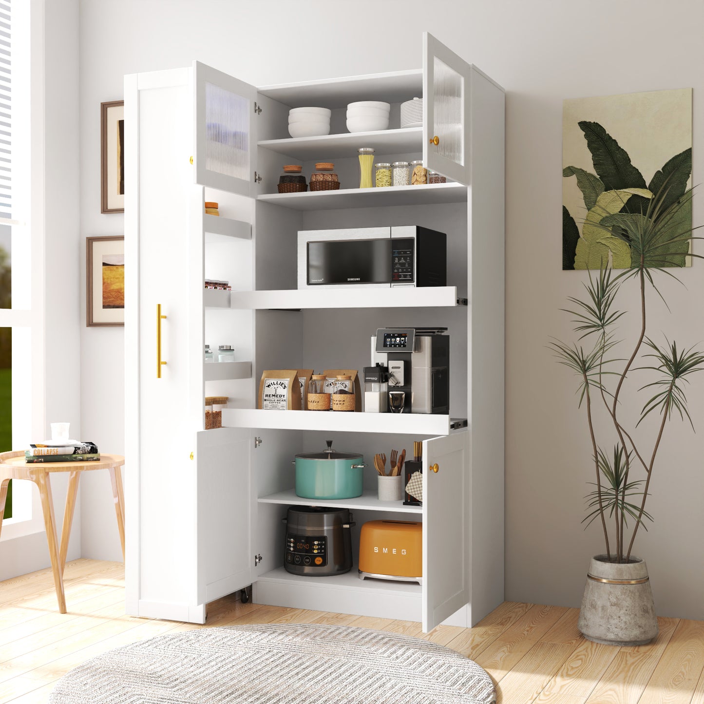 Kitchen Pantry Cabinet With Multi-functional Pull-out Multi-tier Storage Shelf,Farmhouse Storage Cabinet With 4 Doors,Pantry Organizers For Kitchen,Dining Room White