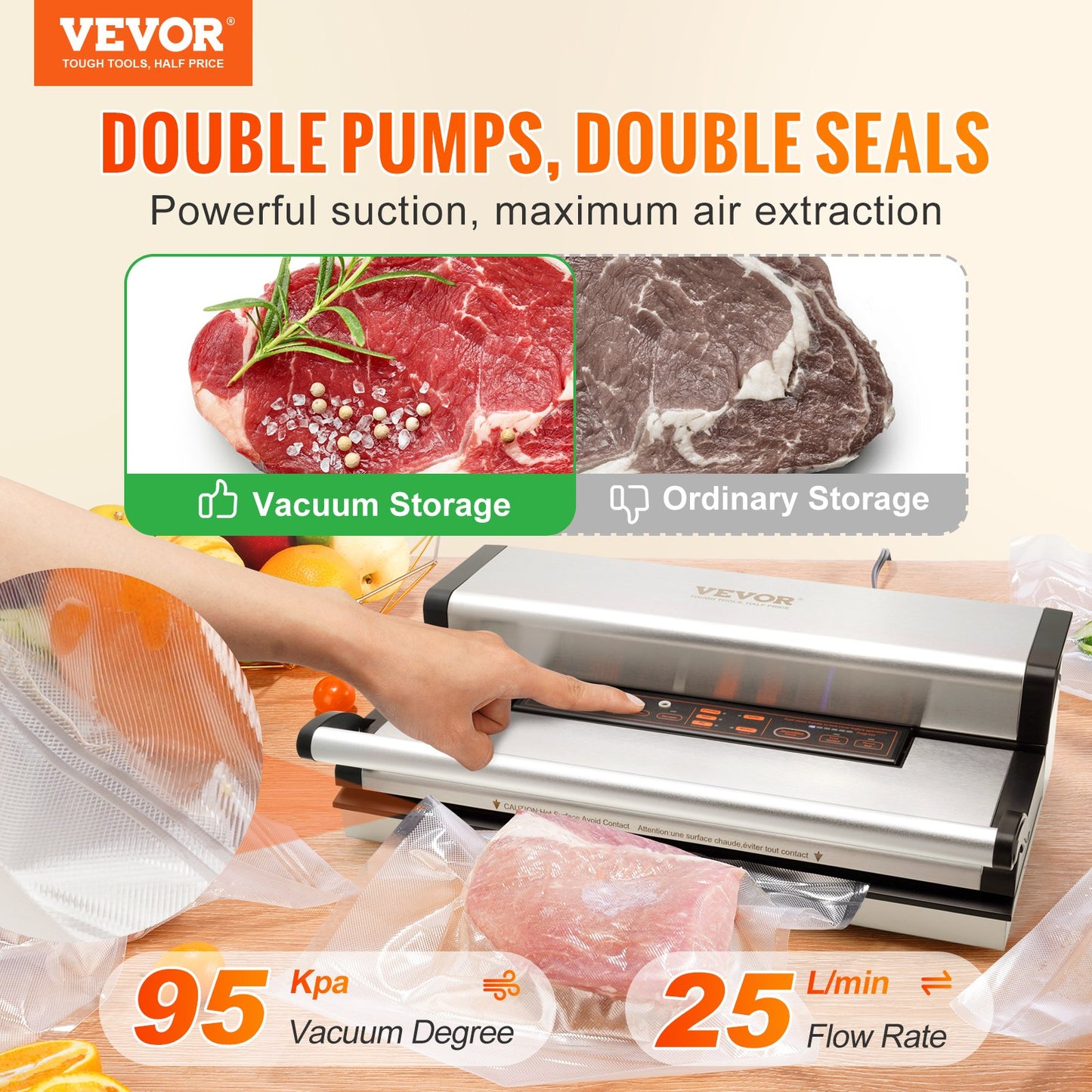 Vacuum Sealer Machine, 95Kpa 350W Powerful Dual Pump And Dual Sealing, Dry And Moist Food Storage, Automatic And Manual Air Sealing System With Built-in Cutter, With Seal Bag And External Hose
