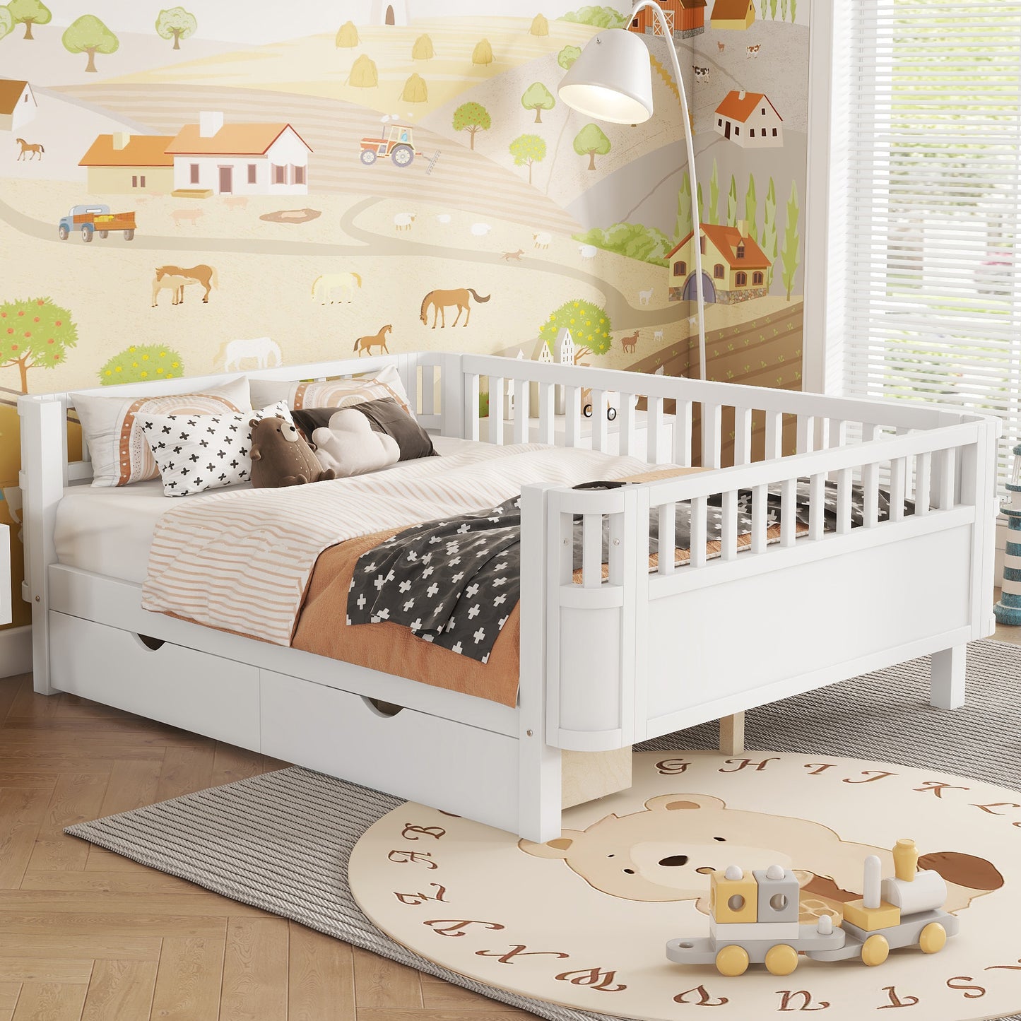 Full Size Wood Platform Bed For Kids, Wood Low Profile Full Bed With Rails For Girls And Boys, White Old SKU W2593P331684