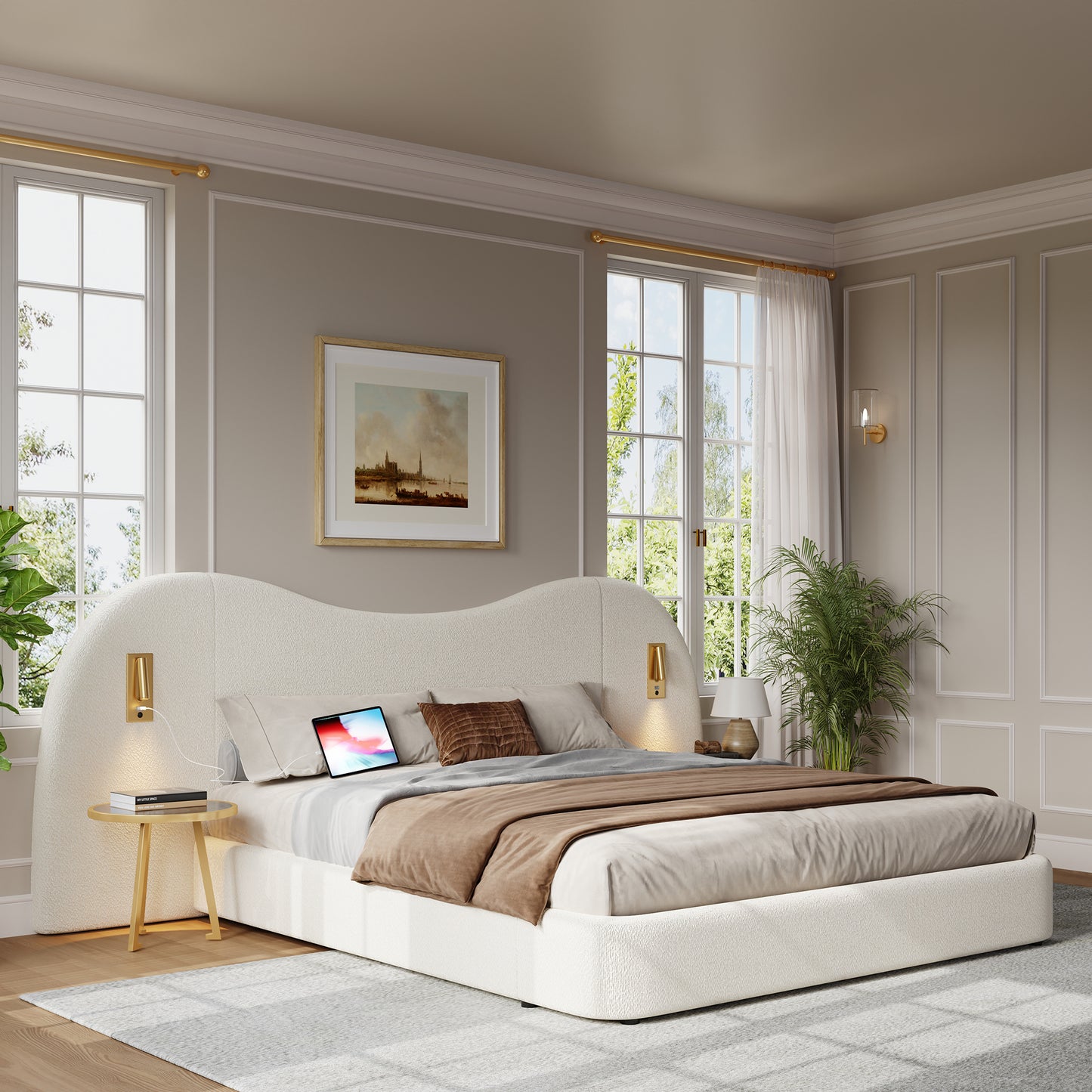 Upholstered Bed, Double Bed, 180 X 200 Cm, Hydraulic Bed With USB Charging Port And Reading Lamp, Bed With Slatted Base, Headboard, And Ample Storage Space, Upholstered Headboard, White Boucle