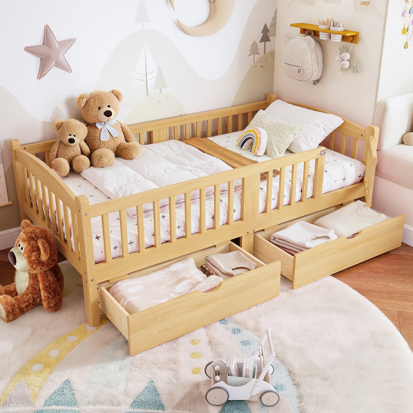 Twin Platform Bed With Full-length Guardrails, Kids Platform Bed With Storage Drawers, Childlike And Cute Headboard Design, Natural