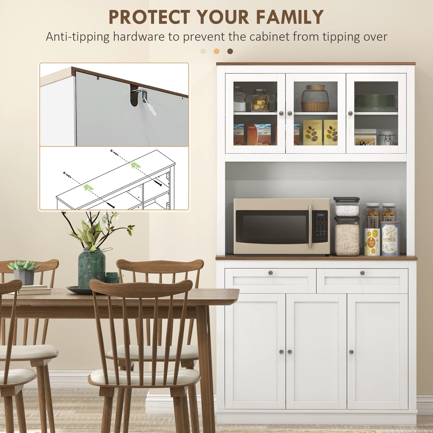 71" Kitchen Pantry Cabinet with Microwave Stand, Kitchen Hutch with 2 Drawers and Adjustable Shelves, White
