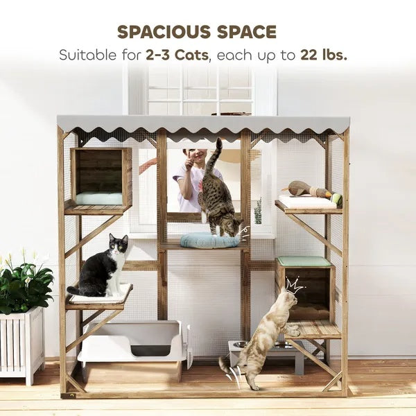 Outdoor Cat Enclosure With Window Access, 5 Platforms And 2 Resting Boxes, Waterproof Roof For Multiple Cats
