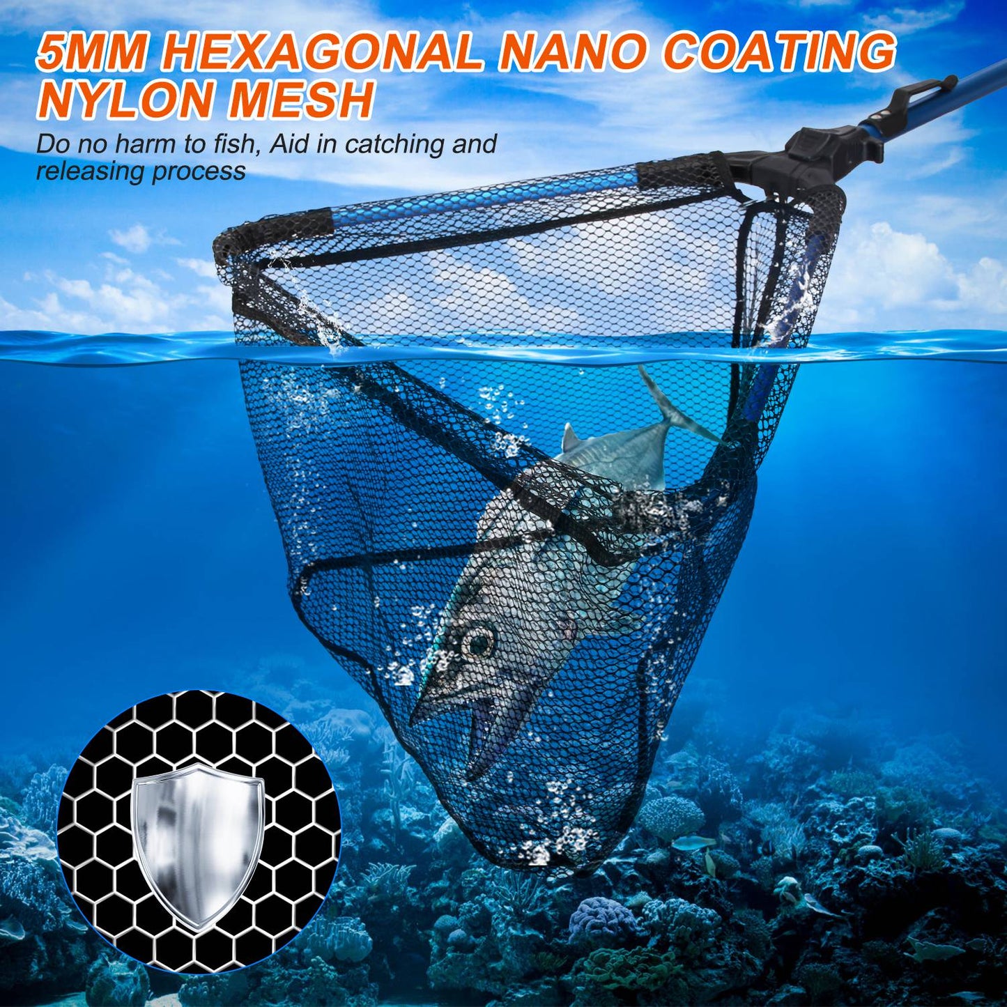 1Pc Foldable Fishing Net With Aluminum Alloy Rod EVA Handle Durable 5MM Hexagonal Nano Coating Nylon Mesh Collapsible Landing Net Safe Fish Catching Or Releasing
