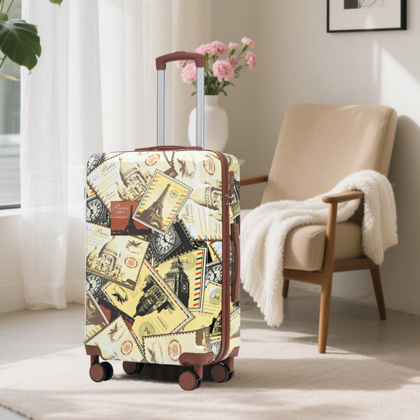 20"/24"/28" 3 Pcs/set In PC Spinner Wheel Luggage, Carry On Suitcase, With Printed Pattern And Combination Lock (City Stamps)