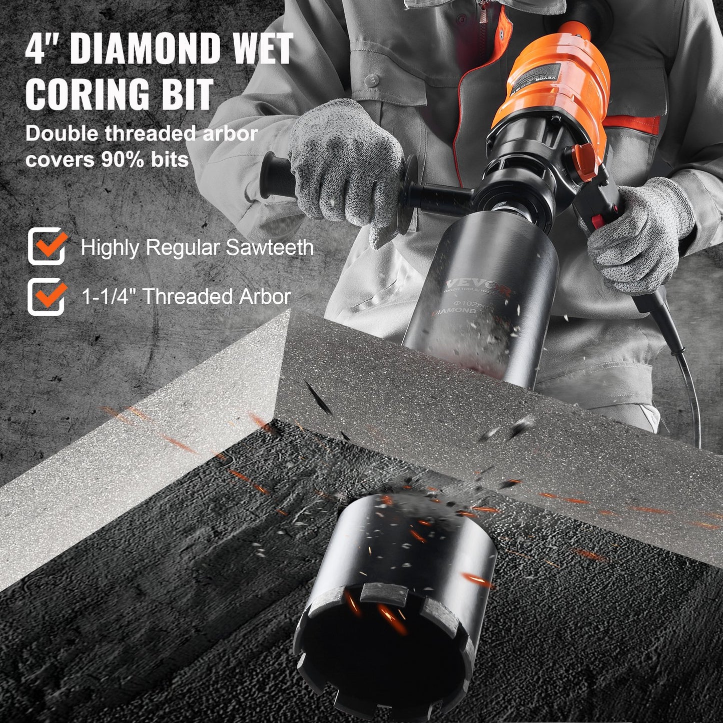 Diamond Core Drilling Machine, 4in Handheld Wet Concrete Core Drill Rig, 1100-2400RPM Two Speed & 1-1/4' Thread & 2 Bubble Levels, 3-4in Drilling Diameter For Concrete Brick Block Stone, 1500W