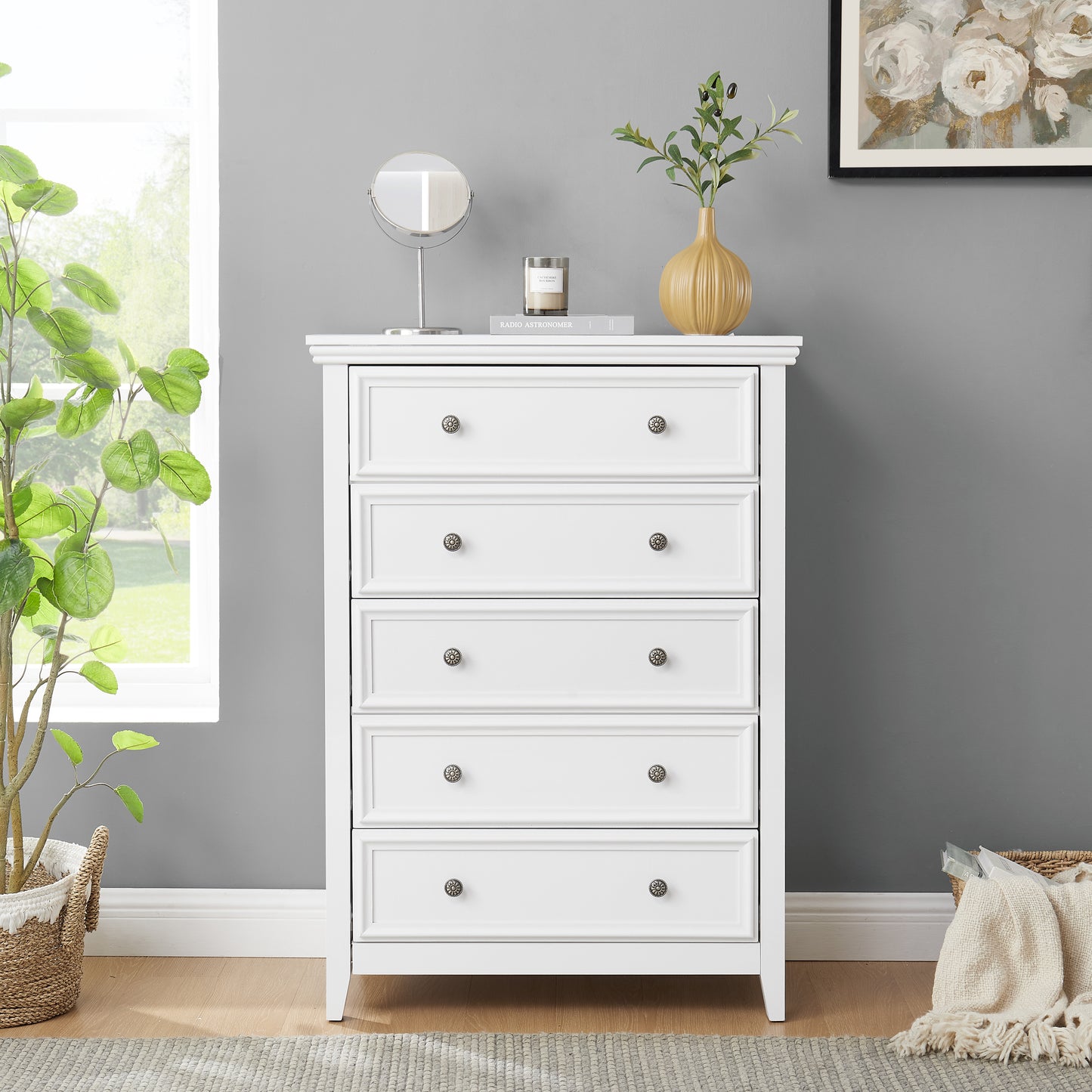 Modern 5 Drawers Dresser 5 Drawers Cabinet,Chest Of Drawers Closet Organizers And Storage Clothes Storage Drawers Cabinet For Living Room, Farmhouse Dresser Organizer WHITE