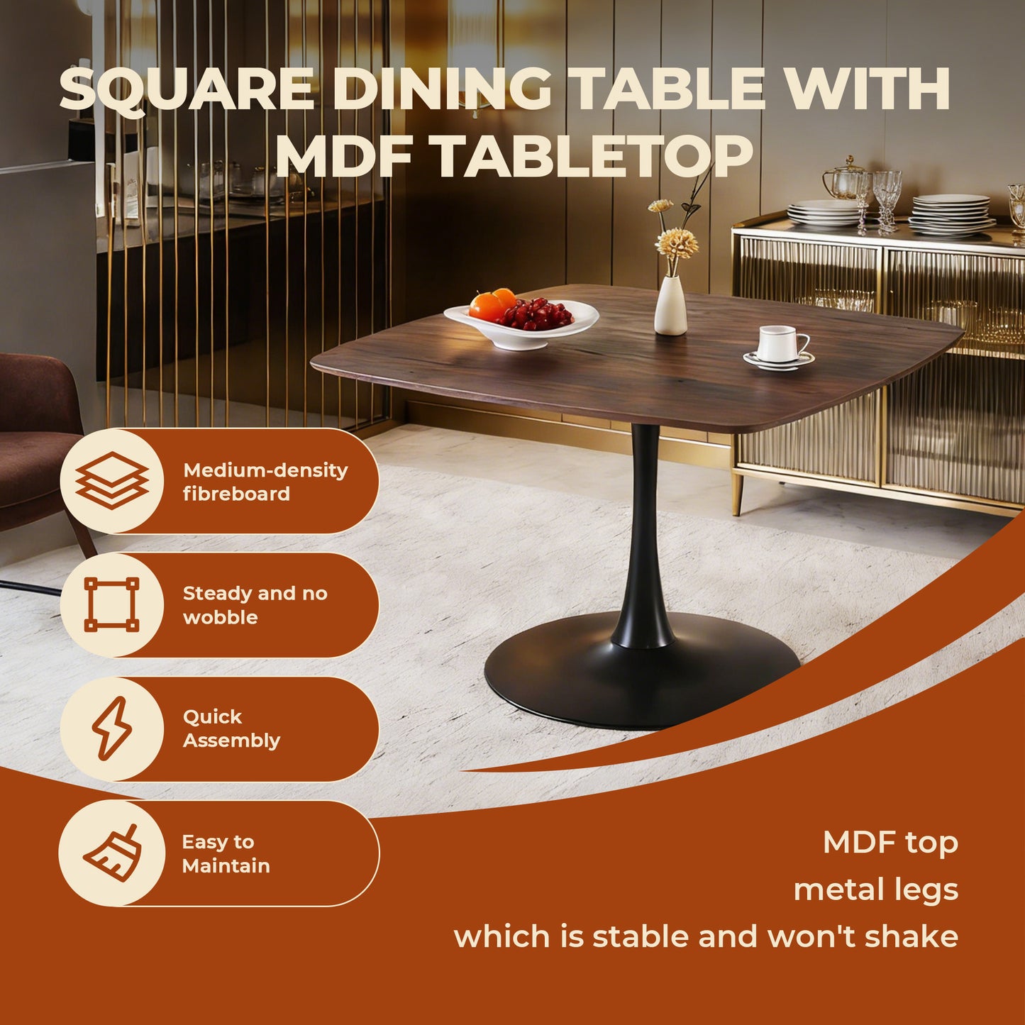 42 Inch Square Dining Table For 4-6 Person, Mid-Century Modern Tulip Table With Sturdy Metal Pedestal Base, Walnut Brown MDF Tabletop, Kitchen & Breakfast Table For Small Space, Apartment, Dining Room