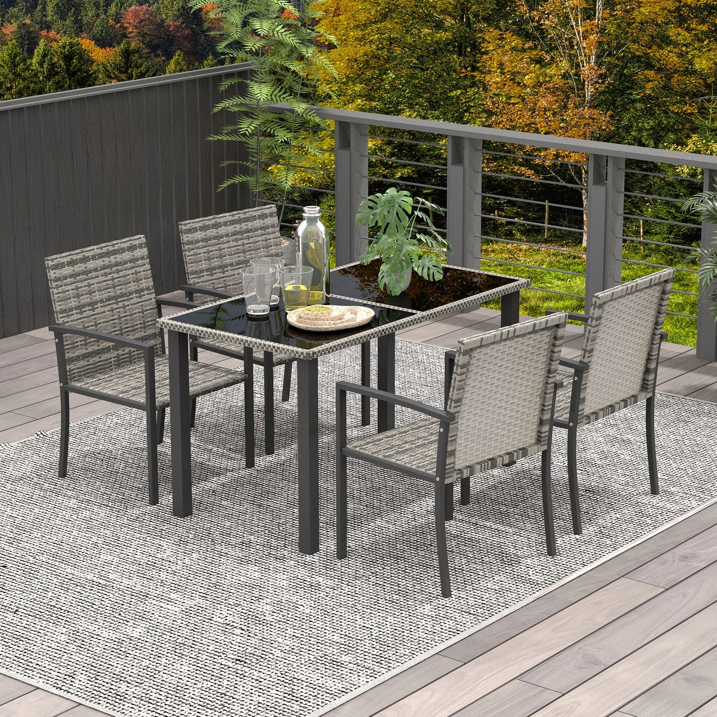 Outdoor Dining Set 5 Pieces Patio Conservatory With Tempered Glass Tabletop,4 Dining Chairs - Mixed Grey